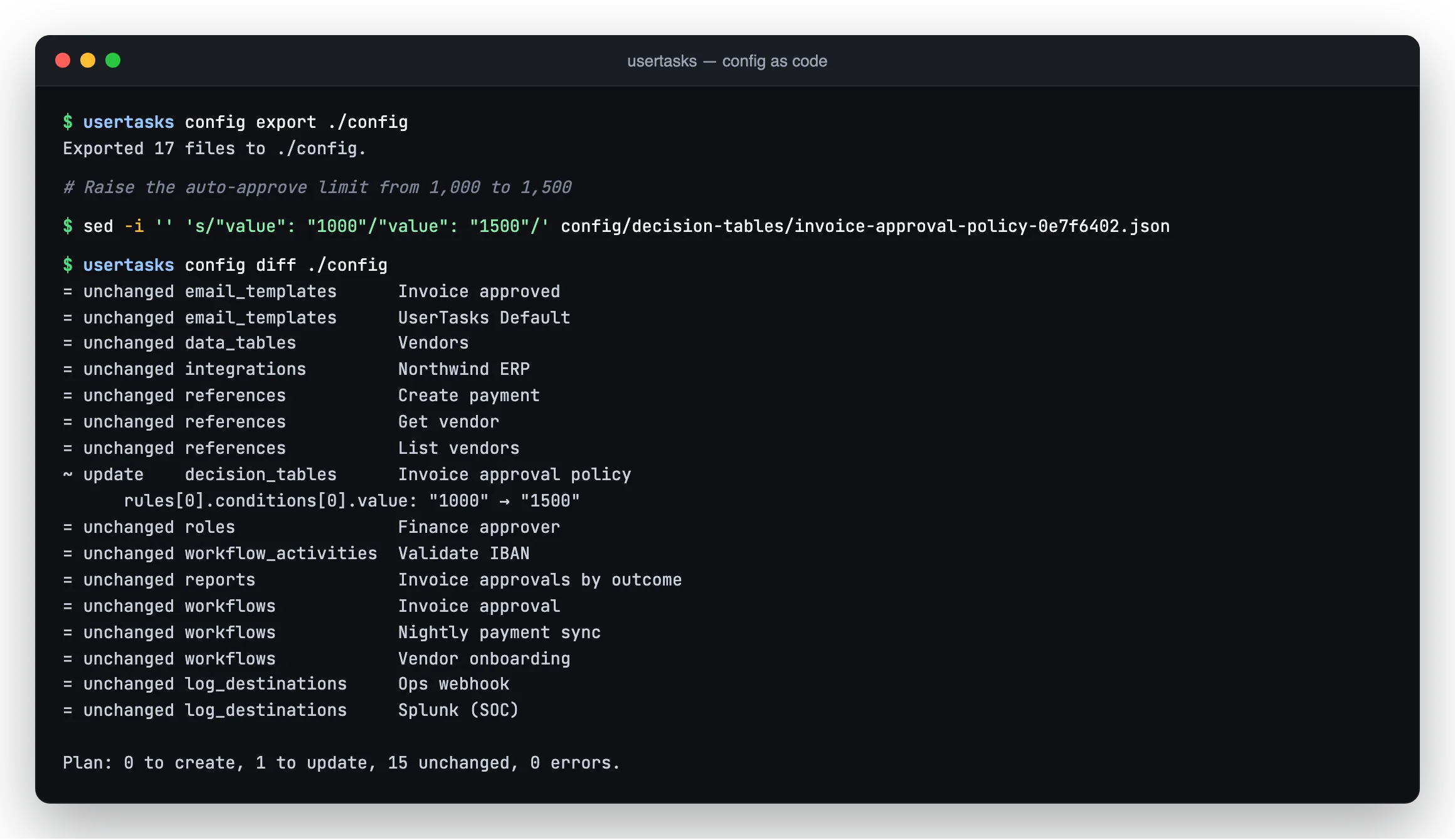 Terminal output of usertasks config export and config diff