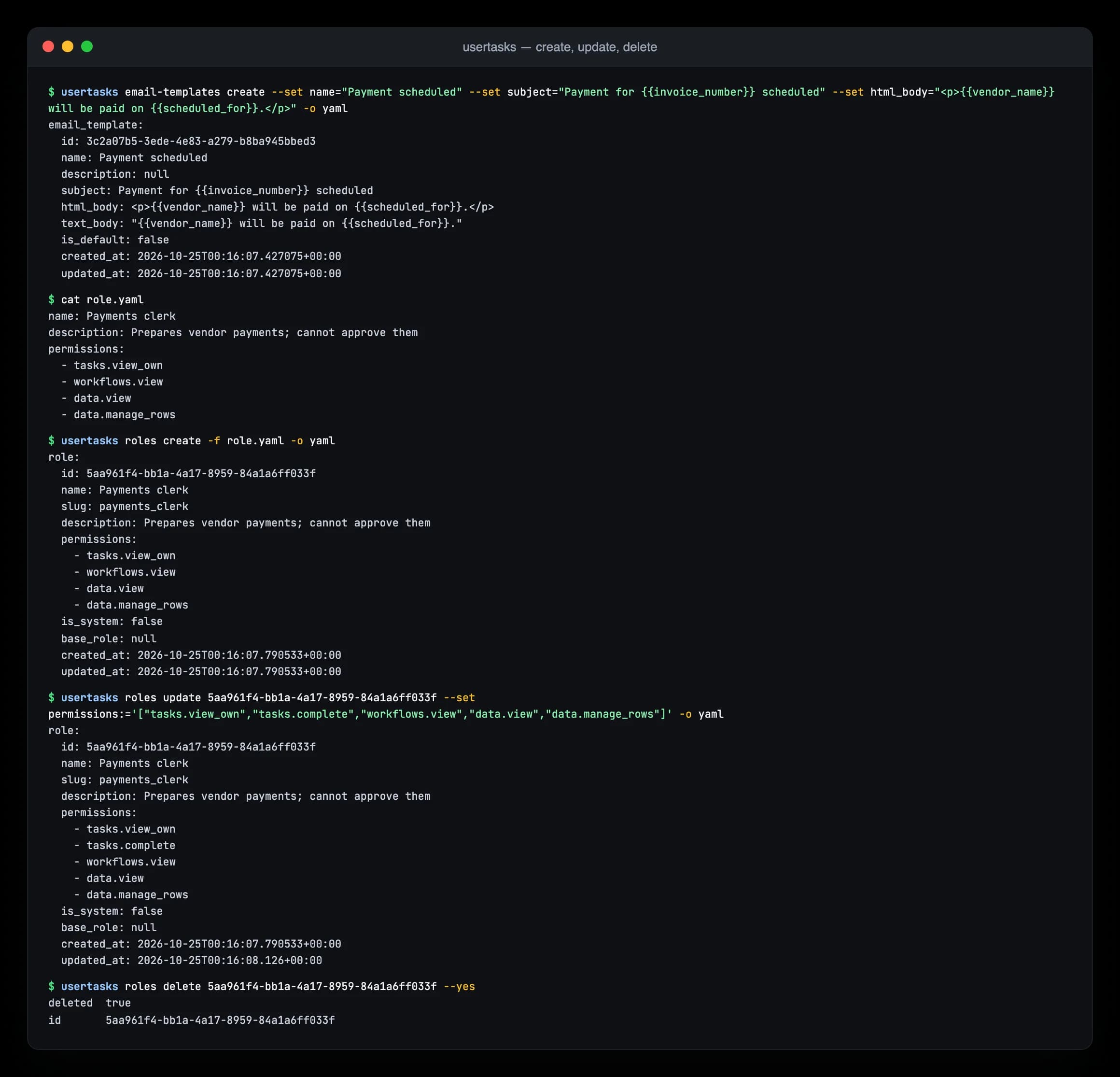 Terminal: creating, updating and deleting resources
