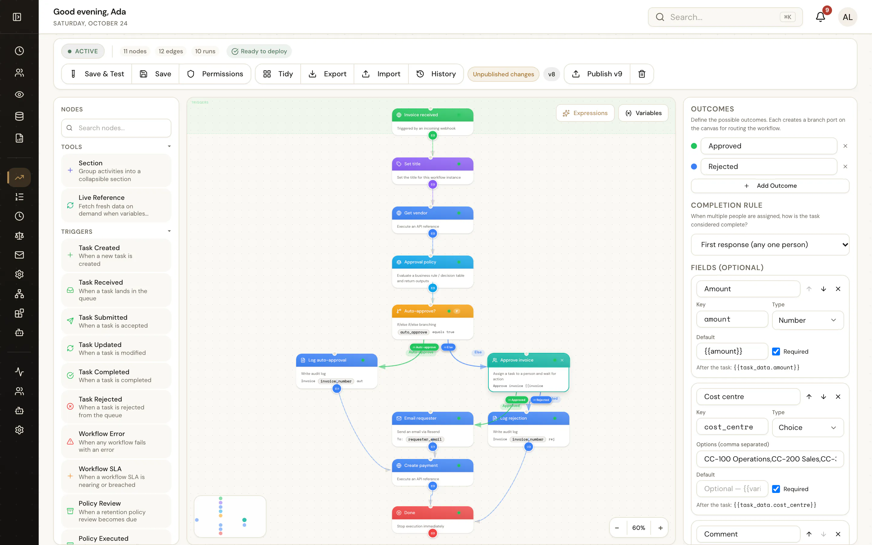 The UserTasks workflow designer showing an invoice approval workflow with the User Task settings panel open