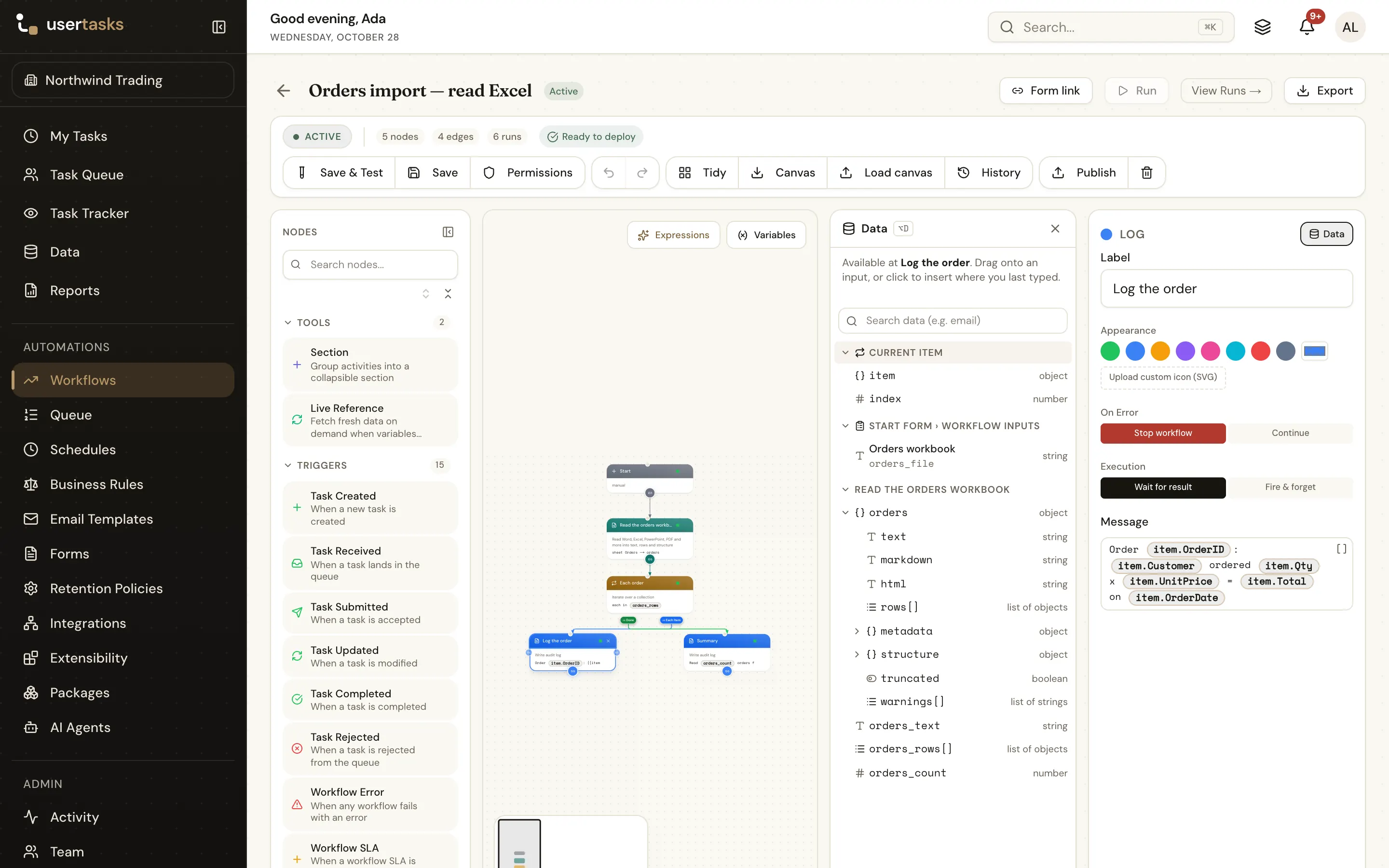 The Data panel listing Read Document's outputs: text, markdown, html, rows, metadata and structure
