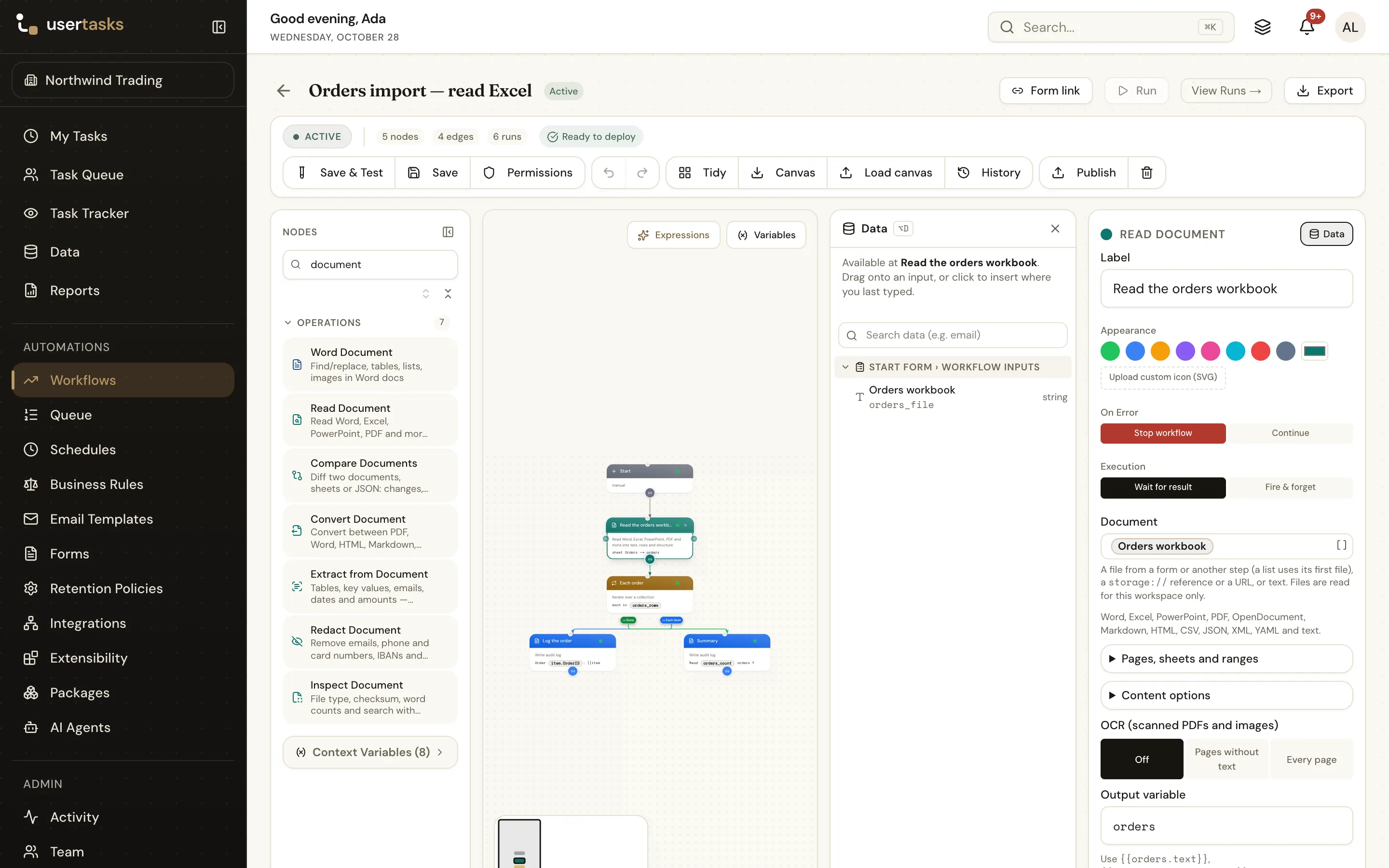 The workflow designer with the document actions in the palette and the Read Document settings open