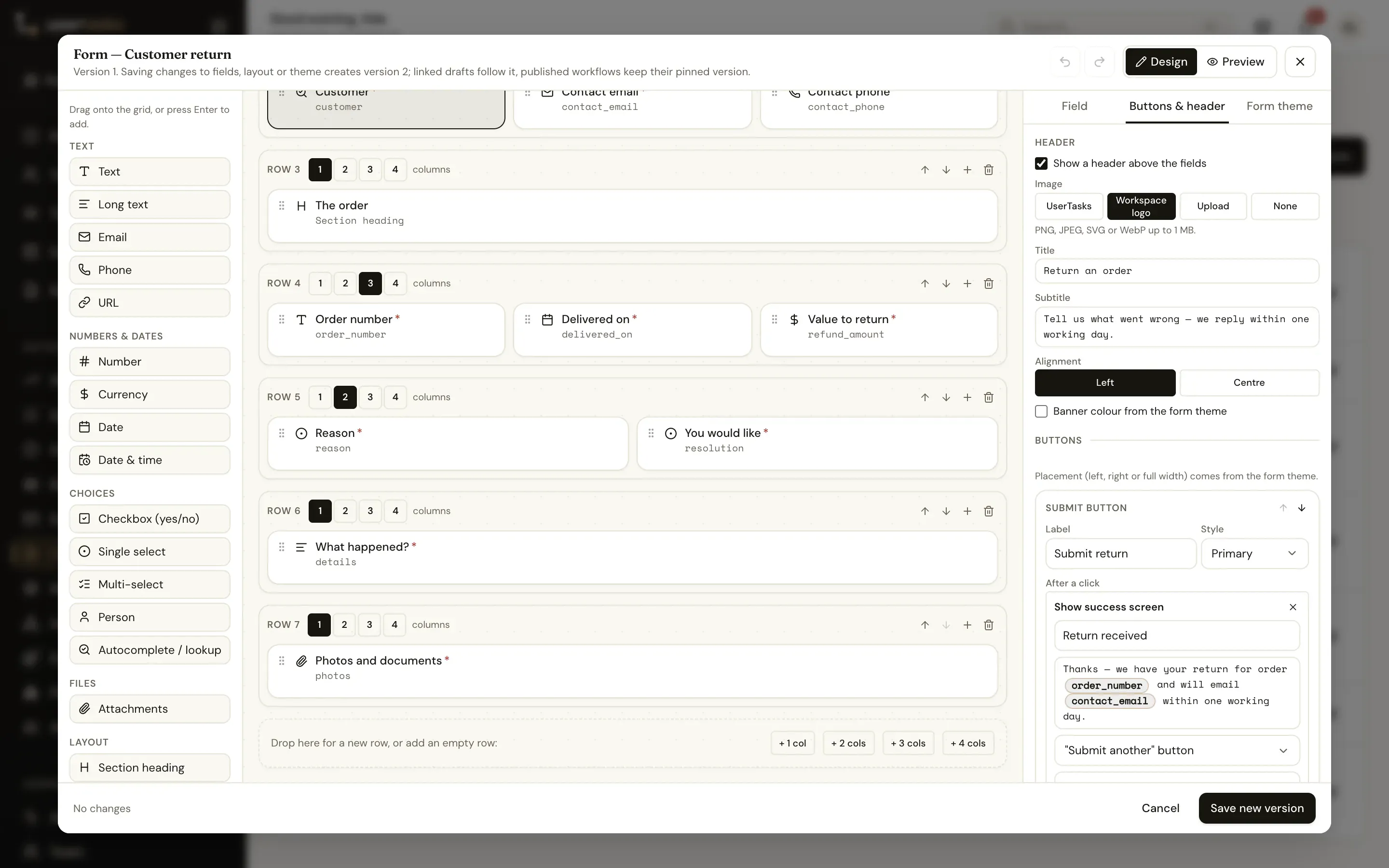 The Buttons and header tab: a header with the workspace logo, title and subtitle, and a Submit return button that shows a success screen