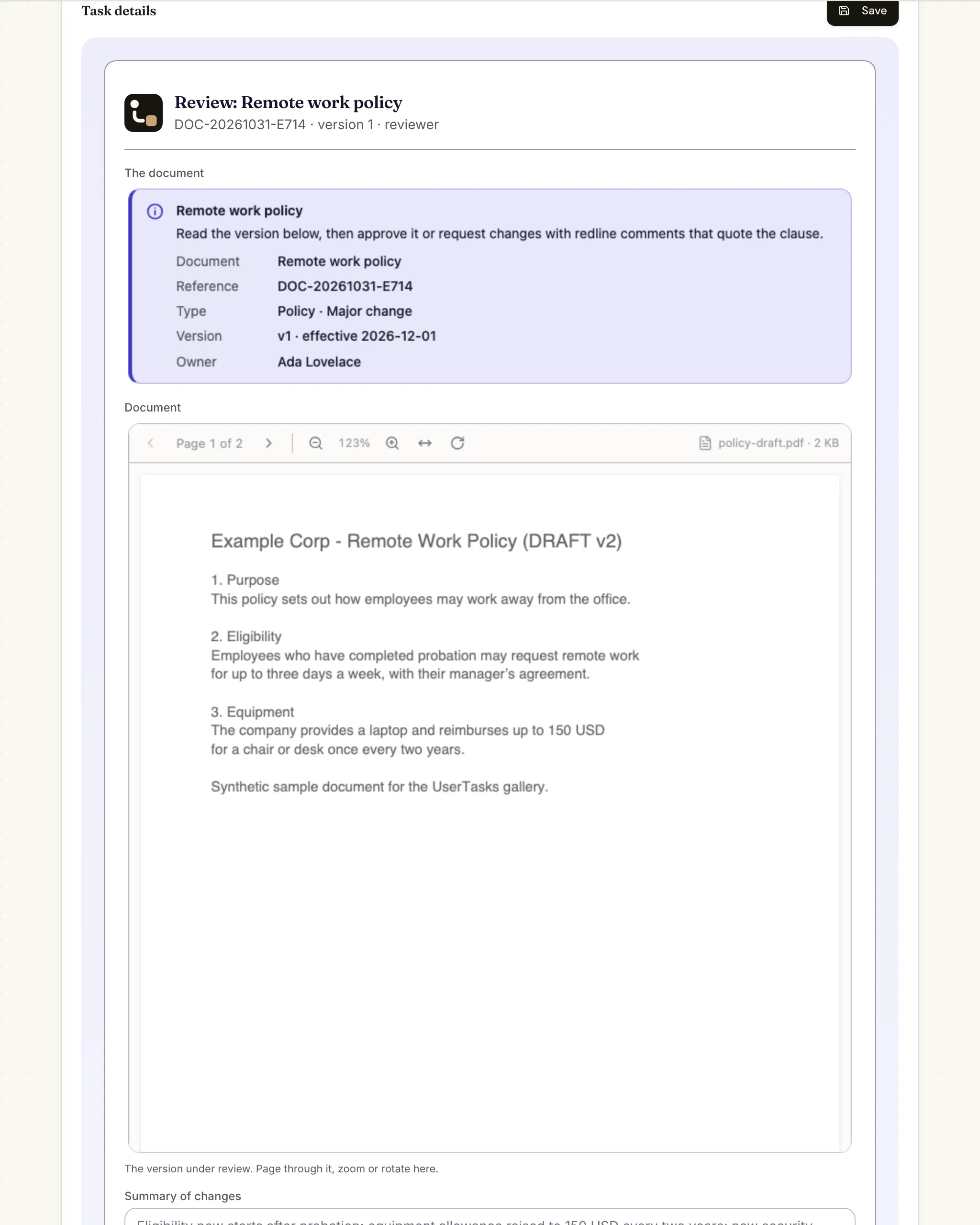 A review task for a remote work policy: a document card with reference, type, version and owner, and the policy PDF in the viewer with page and zoom controls