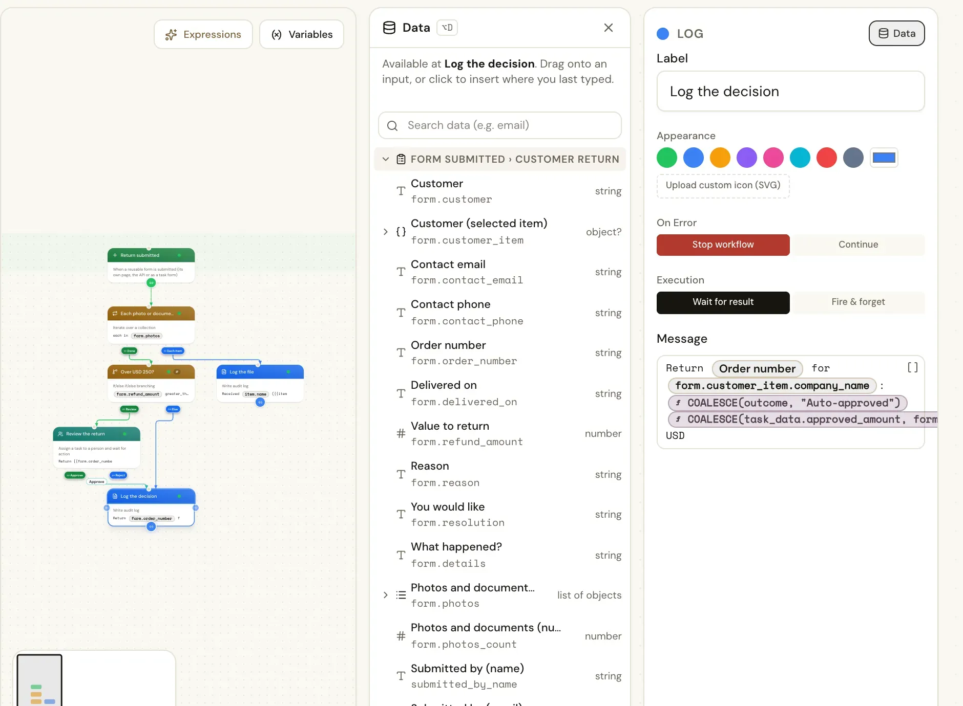 The Data panel docked beside a Log step, listing the Customer return form's fields with their keys and types