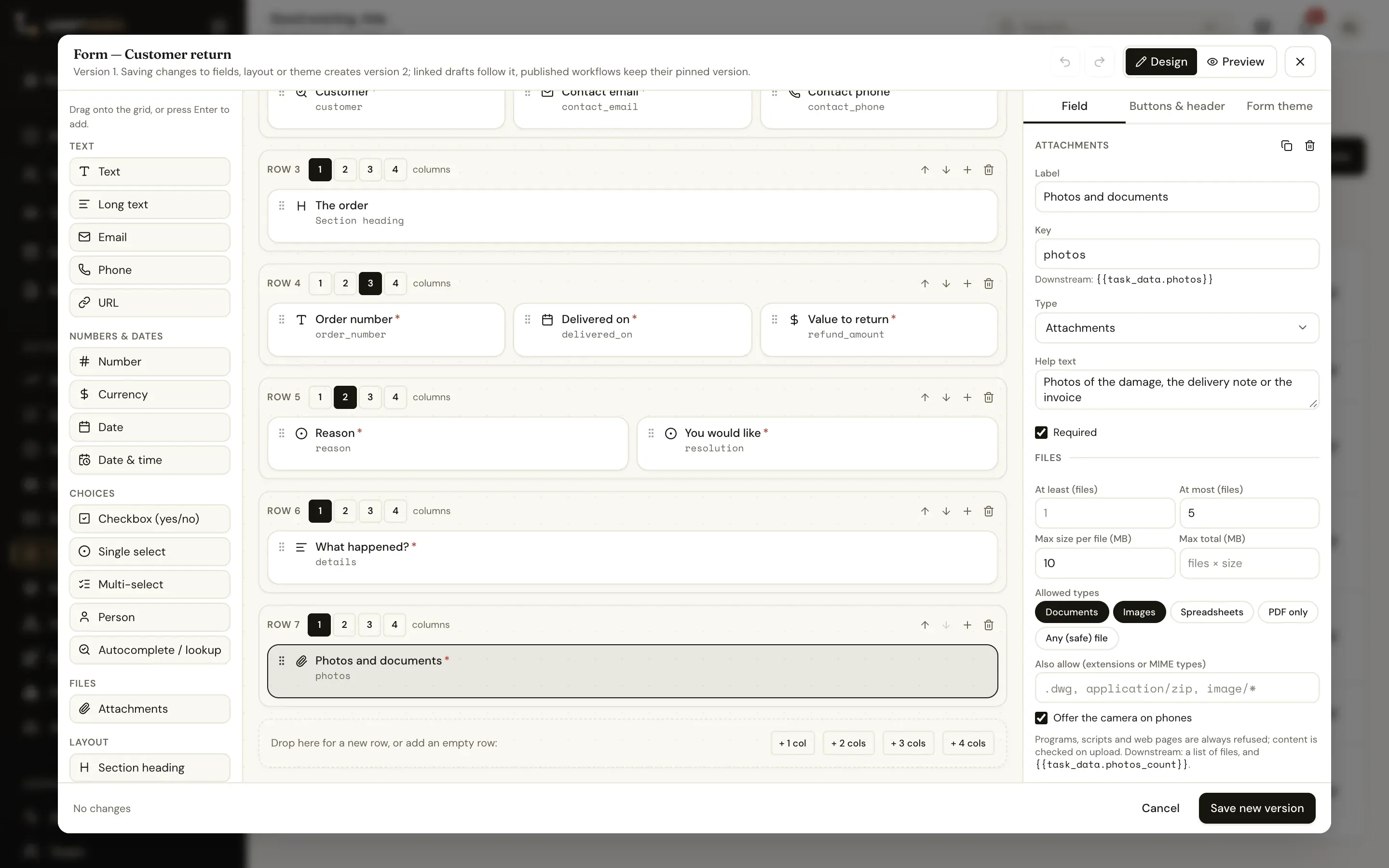 The UserTasks form designer: a palette of field types, a grid of rows with one to four columns, and the settings of an Attachments field
