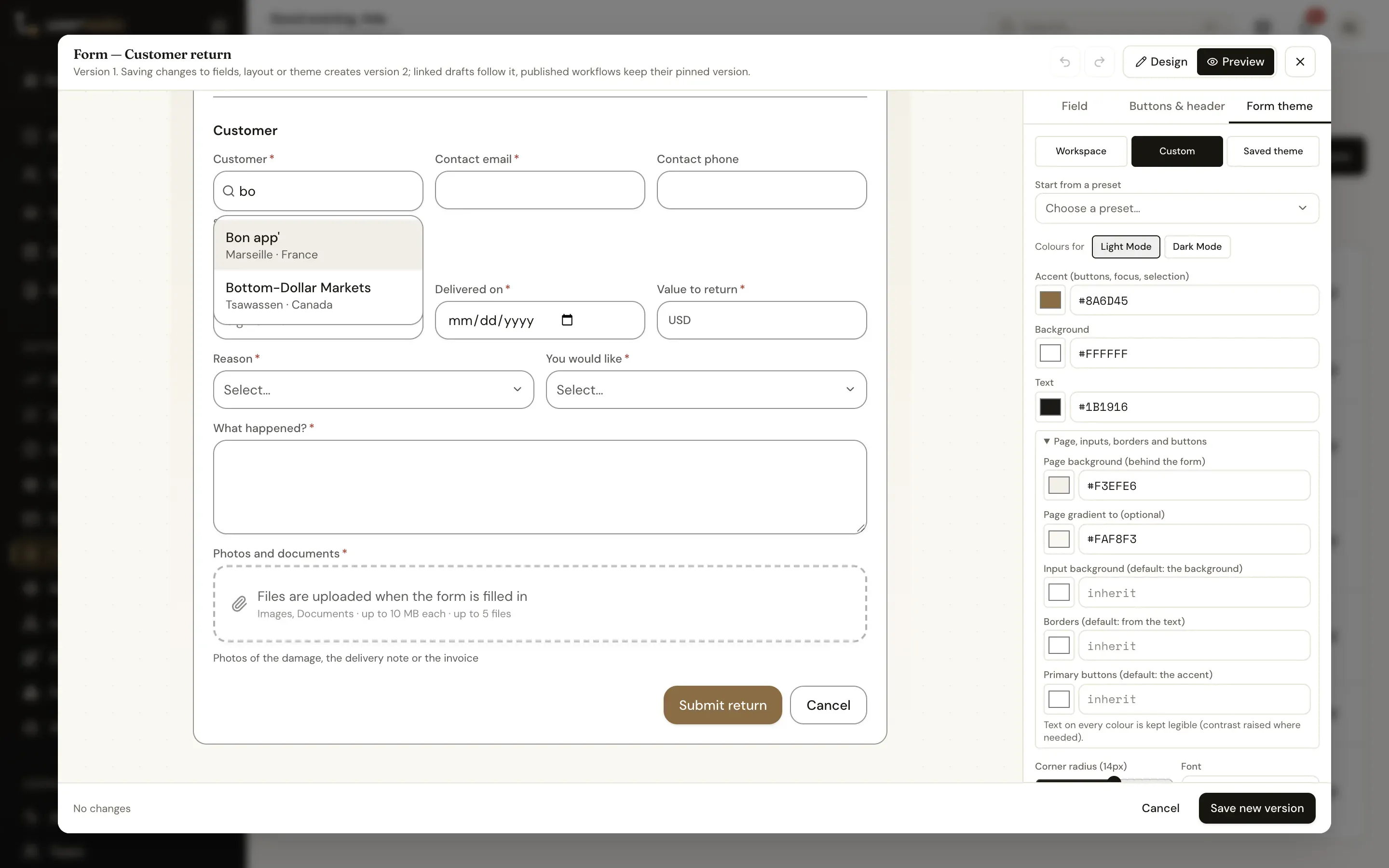 Preview of a form whose Customer lookup suggests two customers with their city and country