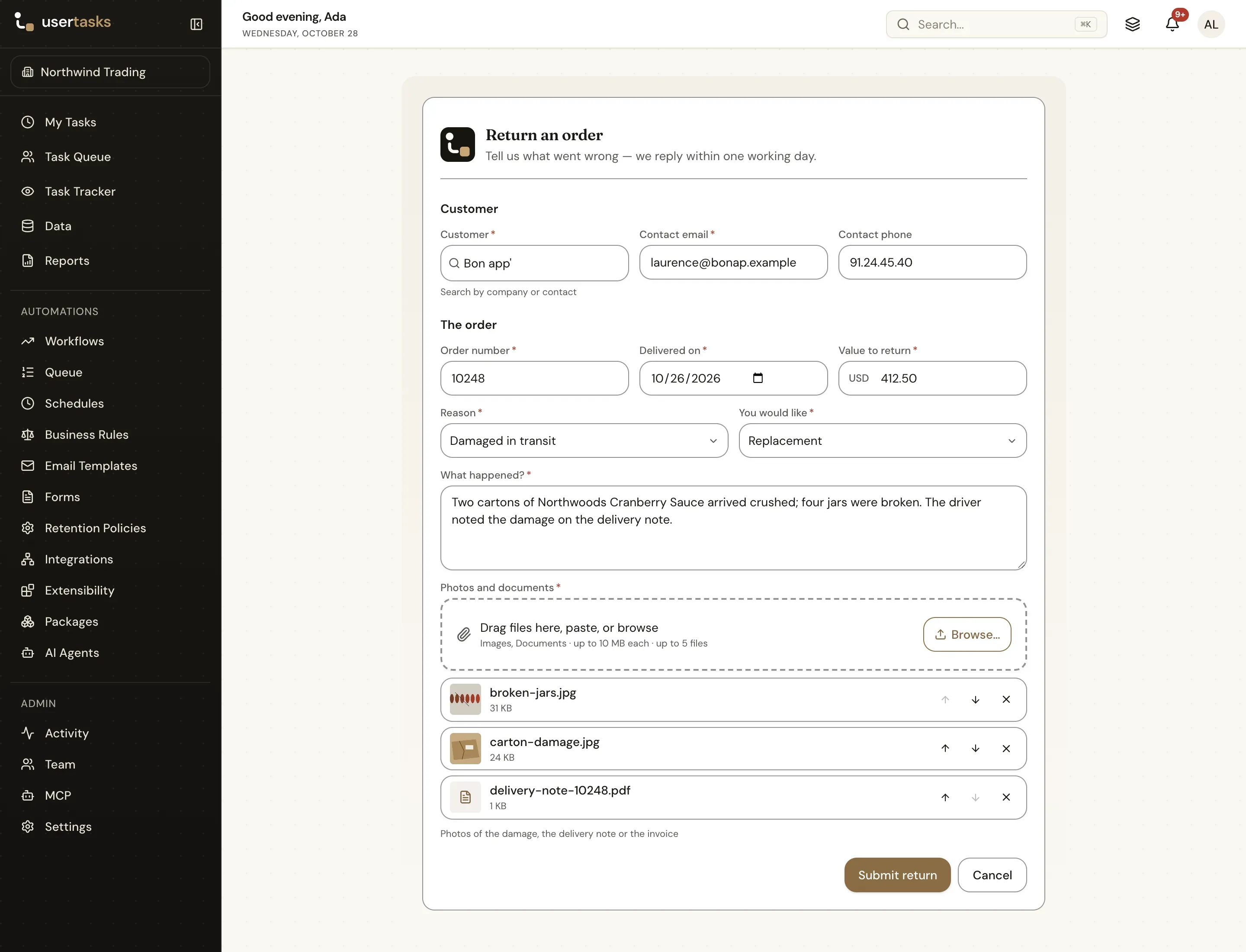 A standalone form page with a header, three-column rows, a customer lookup that filled the contact fields, and three uploaded files