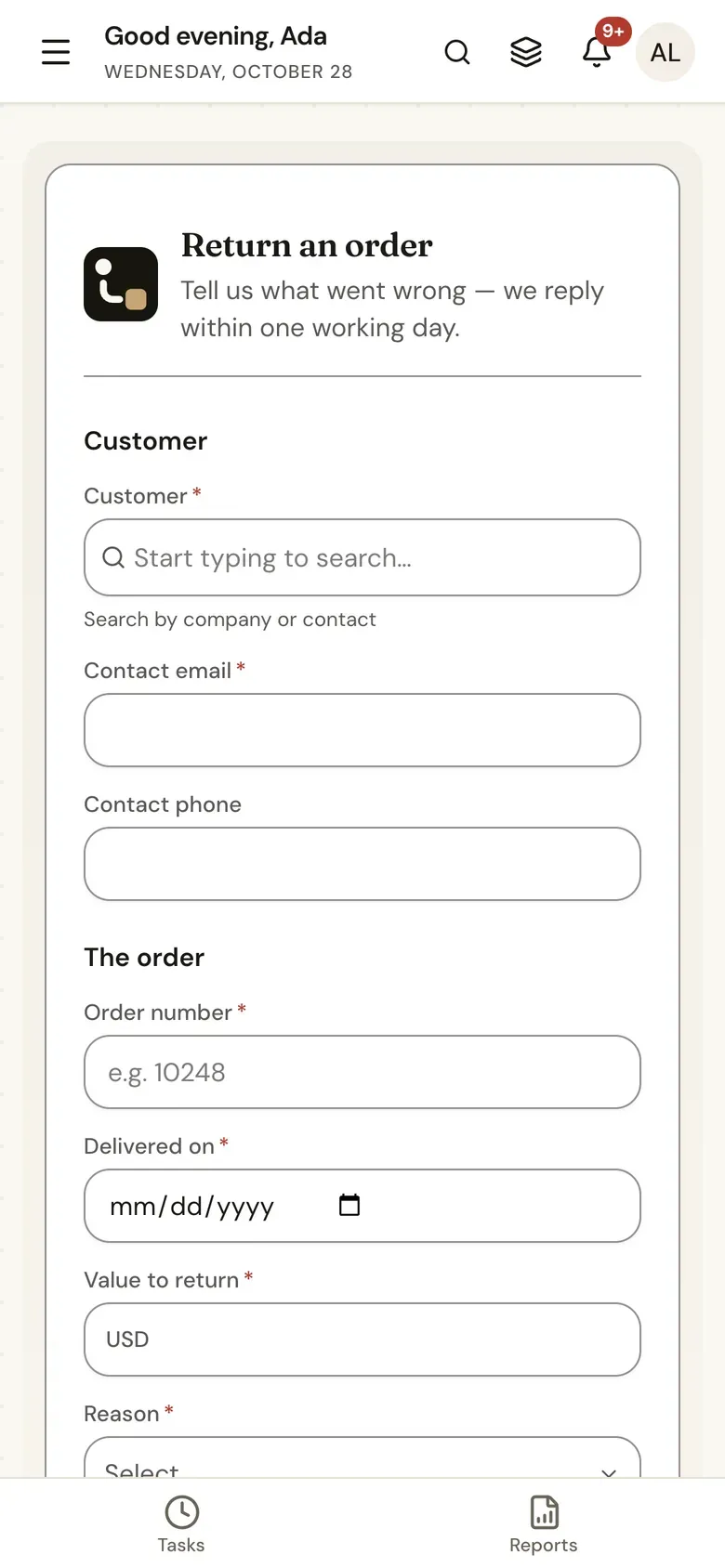 The Customer return form on a phone: every row collapsed to one column