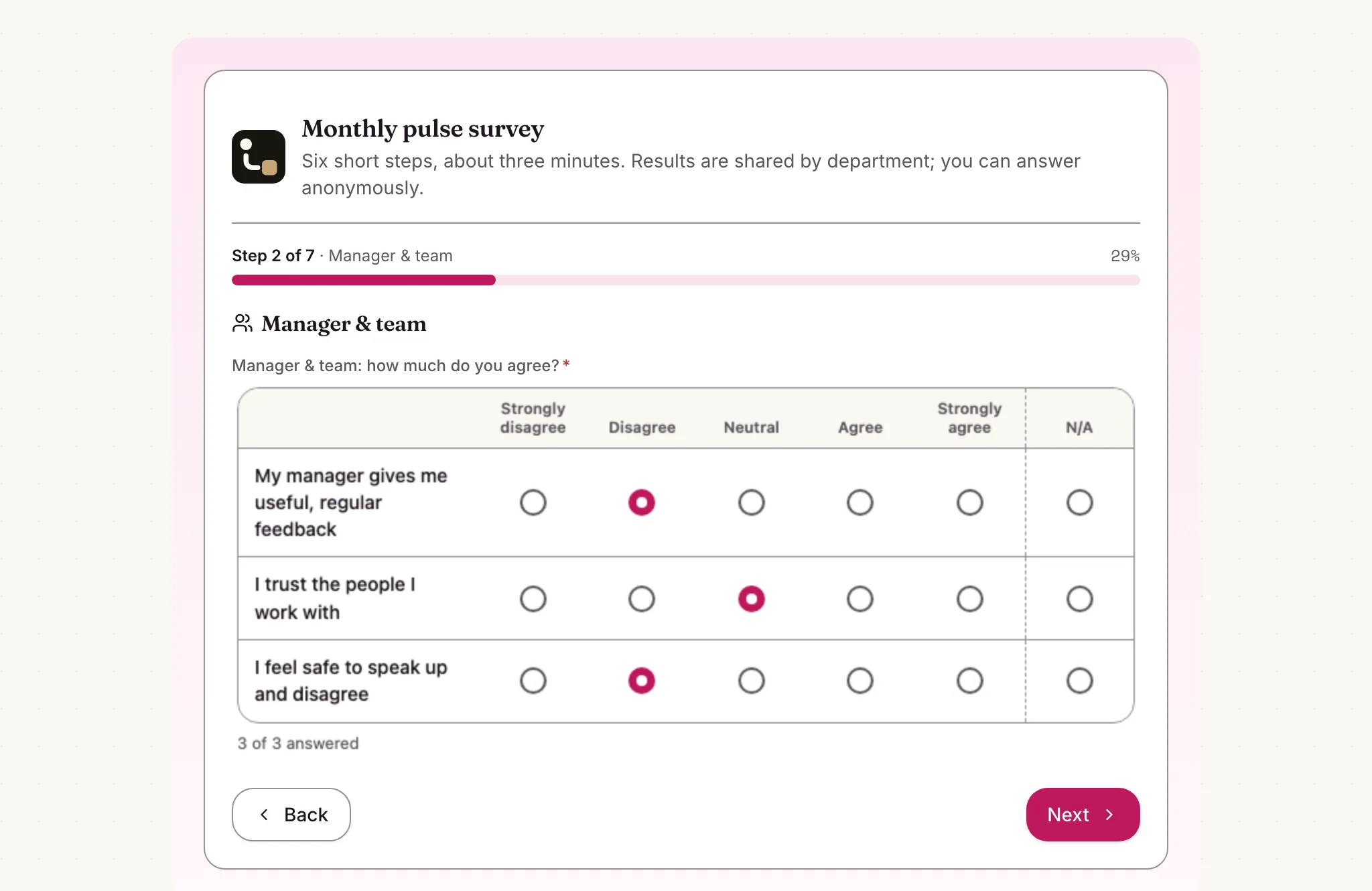 A step of the employee pulse questionnaire with a progress bar and a Likert matrix of agree-disagree statements