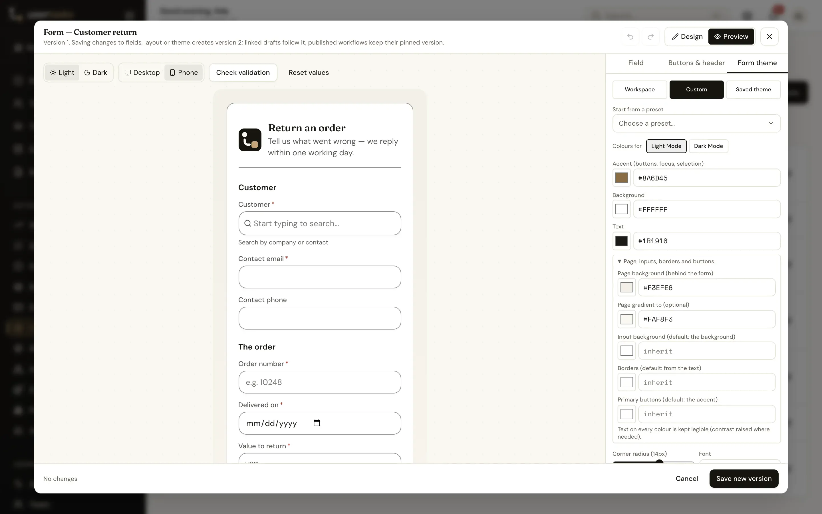 The designer previewing a form at phone width with a custom mini theme: bronze accent, cream page and a header with the workspace logo
