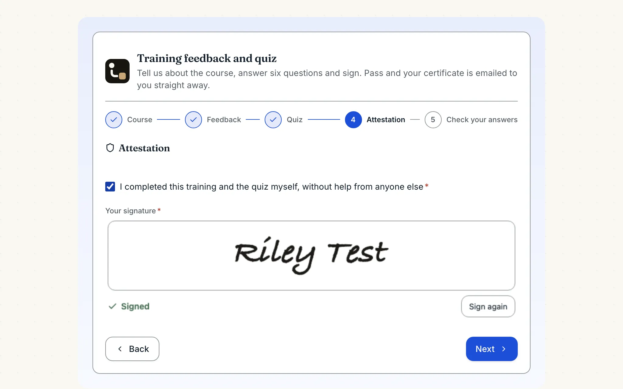 The attestation step of the training feedback and quiz form: a stepper showing course, feedback and quiz completed, a confirmation checkbox and the learner's signature