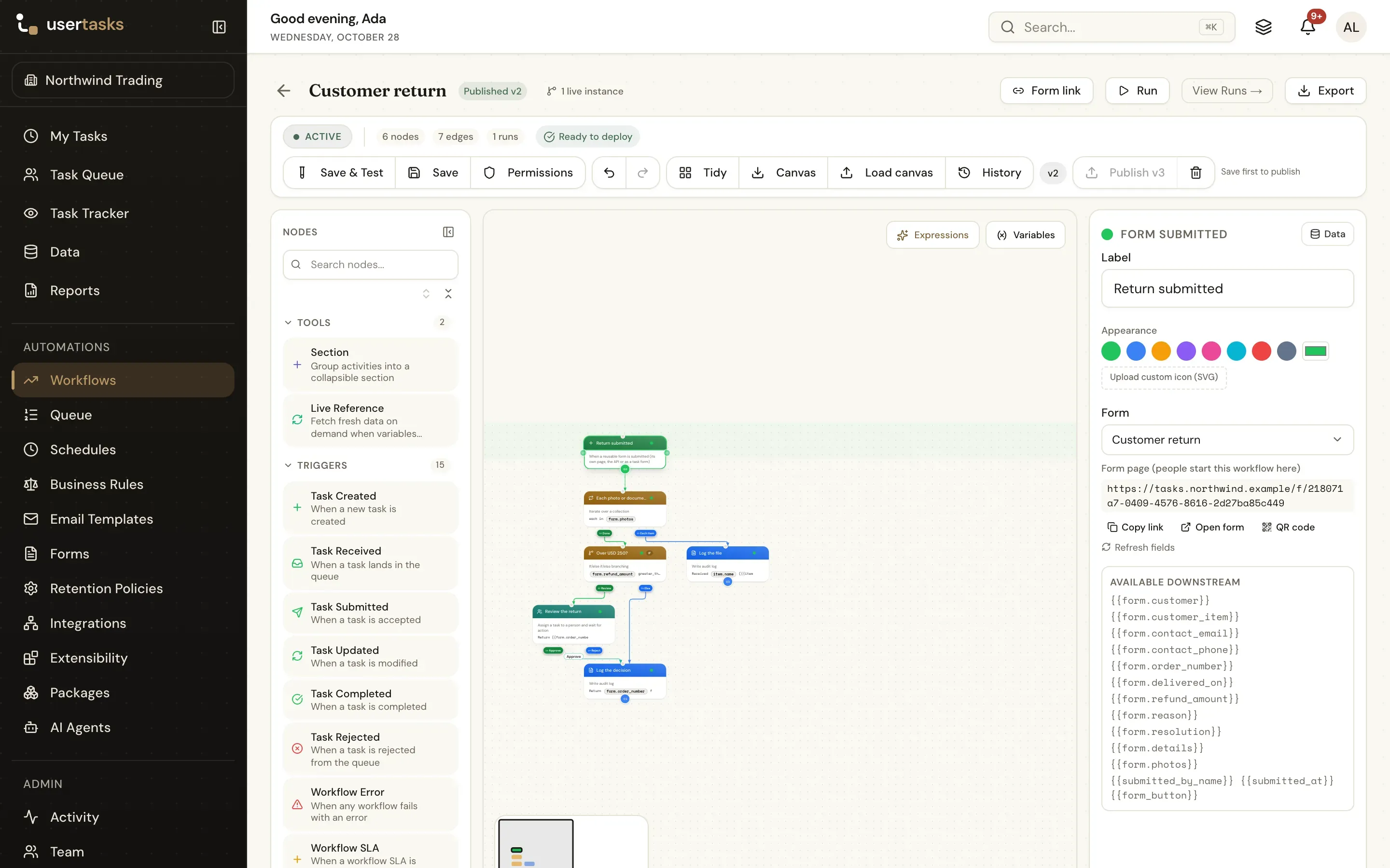 A workflow whose Form submitted trigger is linked to the Customer return form, with the form page link, Copy link, Open form, QR code and every form variable listed