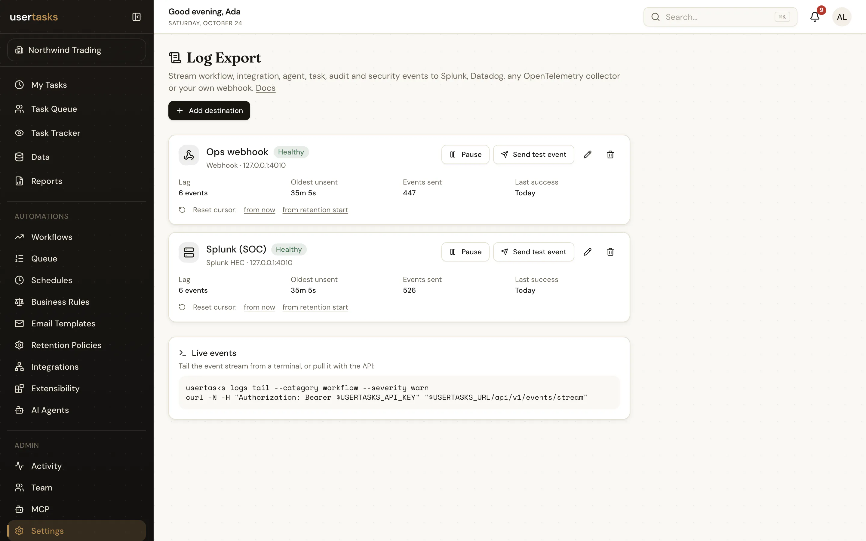 Settings, Log Export page listing a Splunk HEC destination and a webhook destination with healthy status and lag