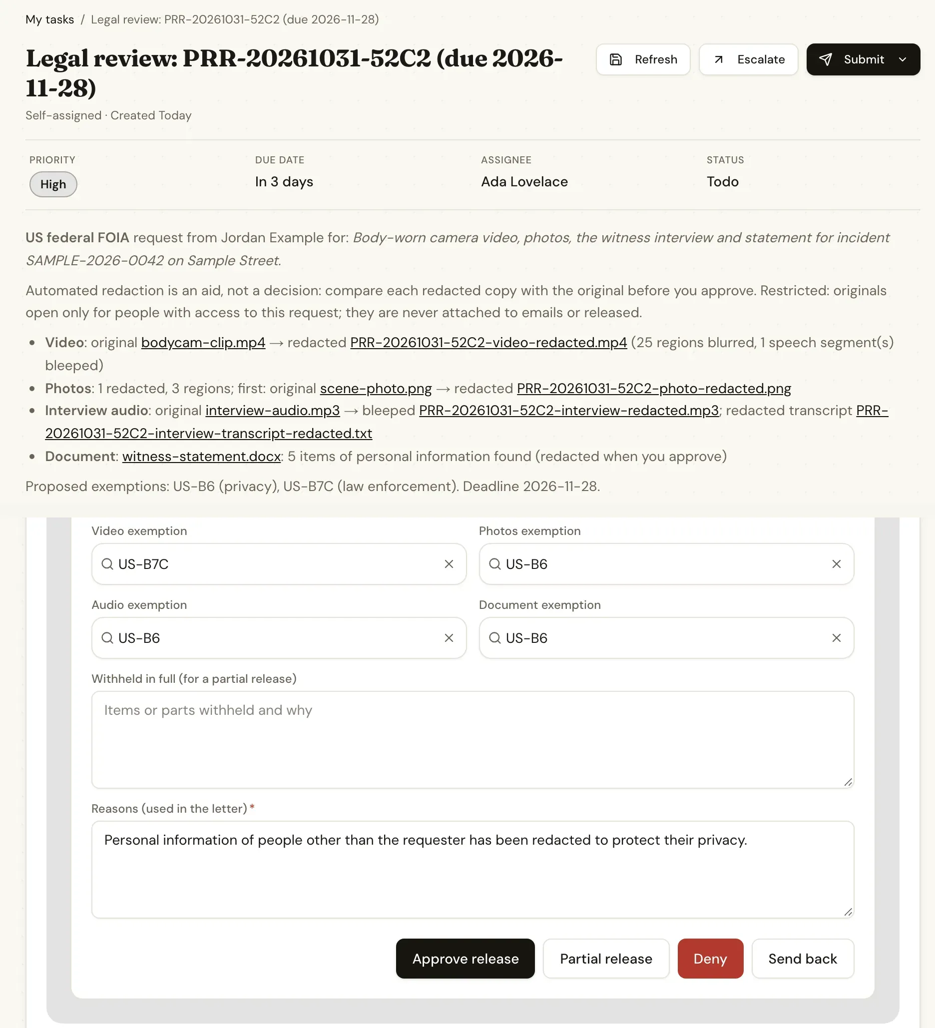 A legal review task for a public records request with links to each original and its redacted copy, exemption codes and Approve release, Partial release, Deny and Send back buttons