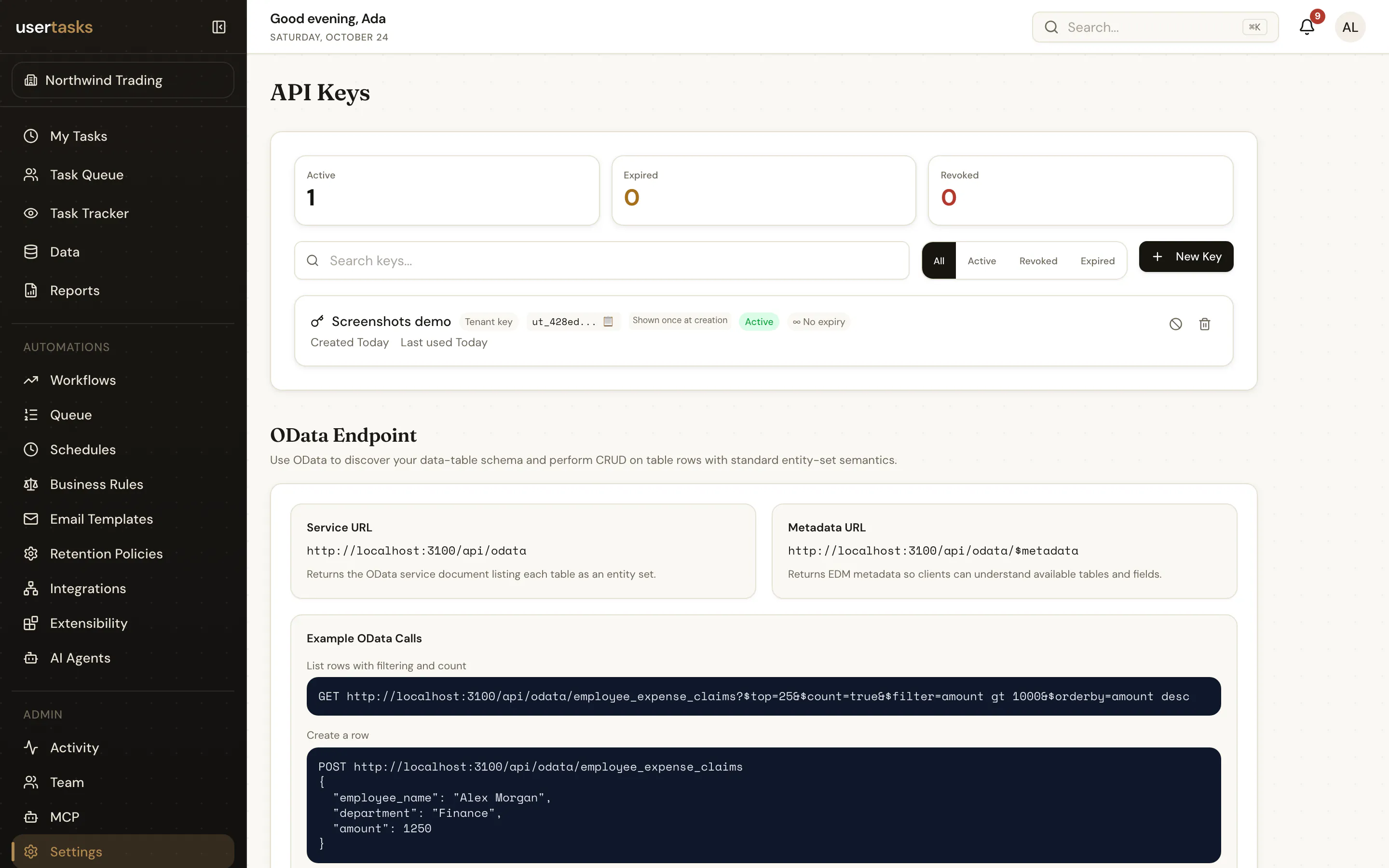 API key settings