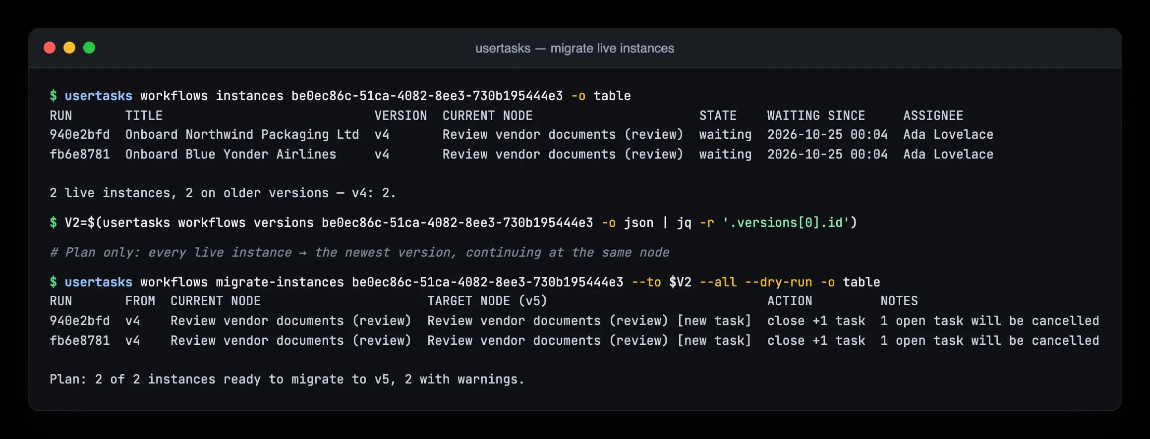 Terminal: listing live instances and dry-running a migration with the CLI