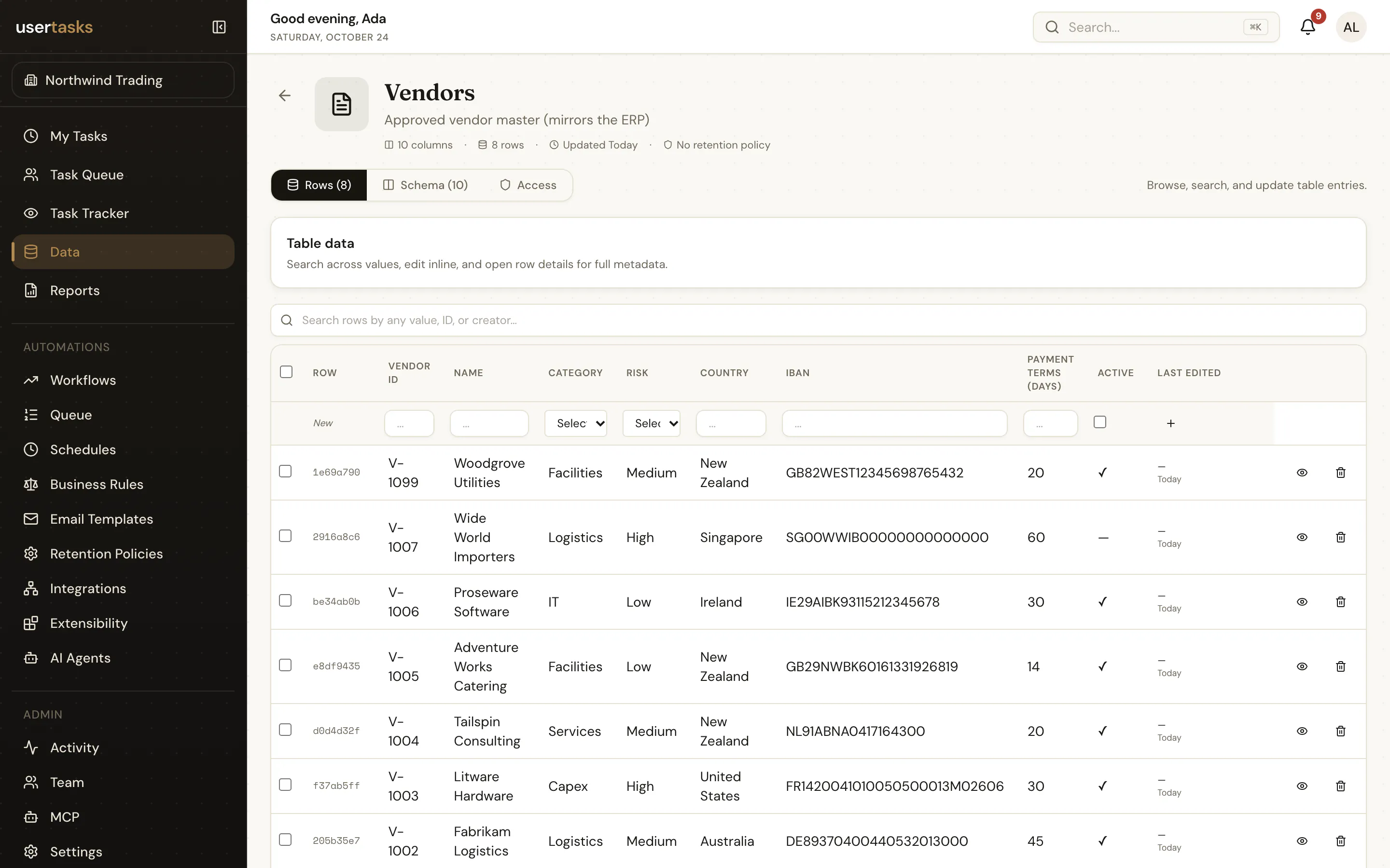 A UserTasks data table with typed columns and rows
