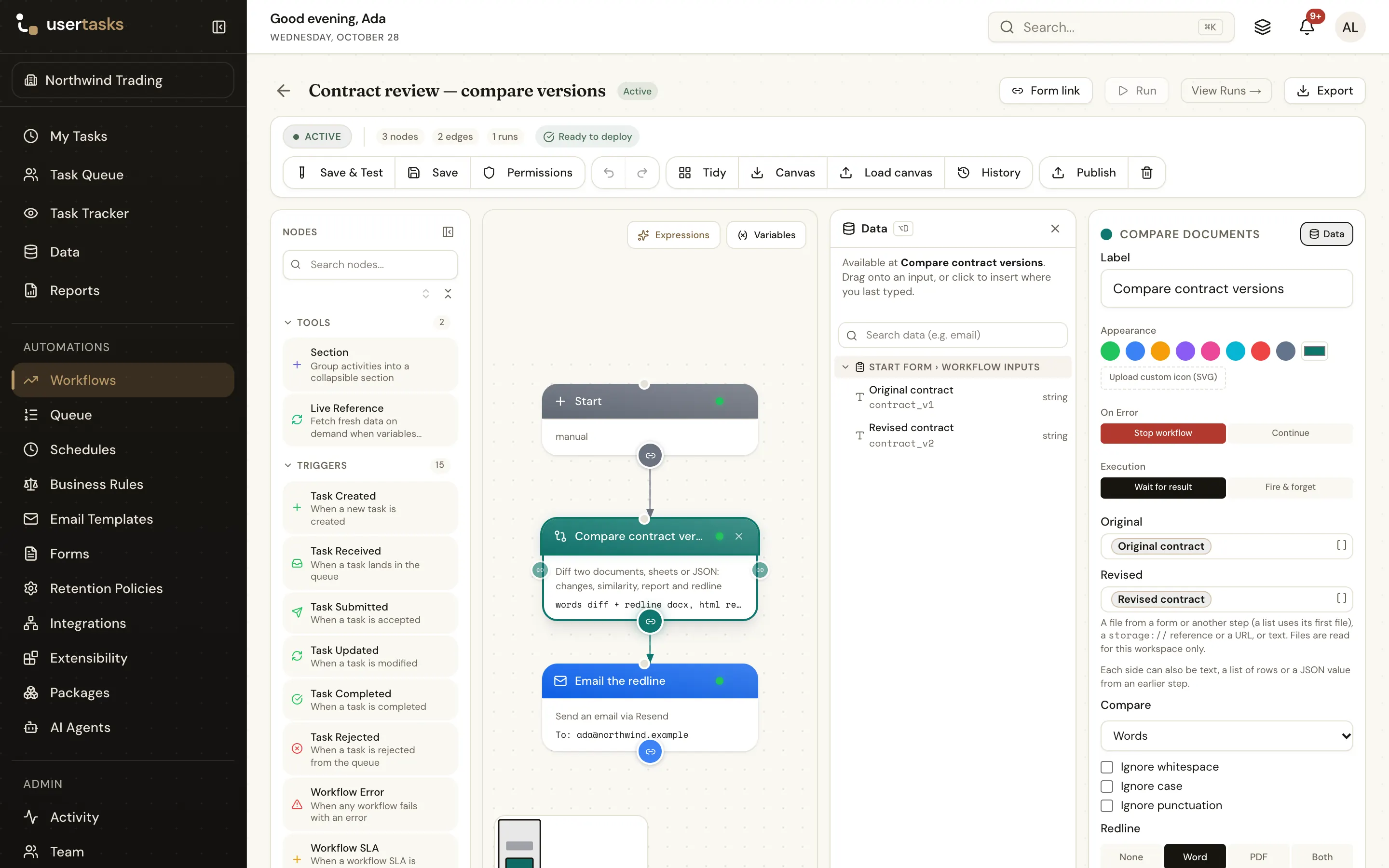 Compare Documents settings: original and revised contract, compare by words, Word redline with tracked changes