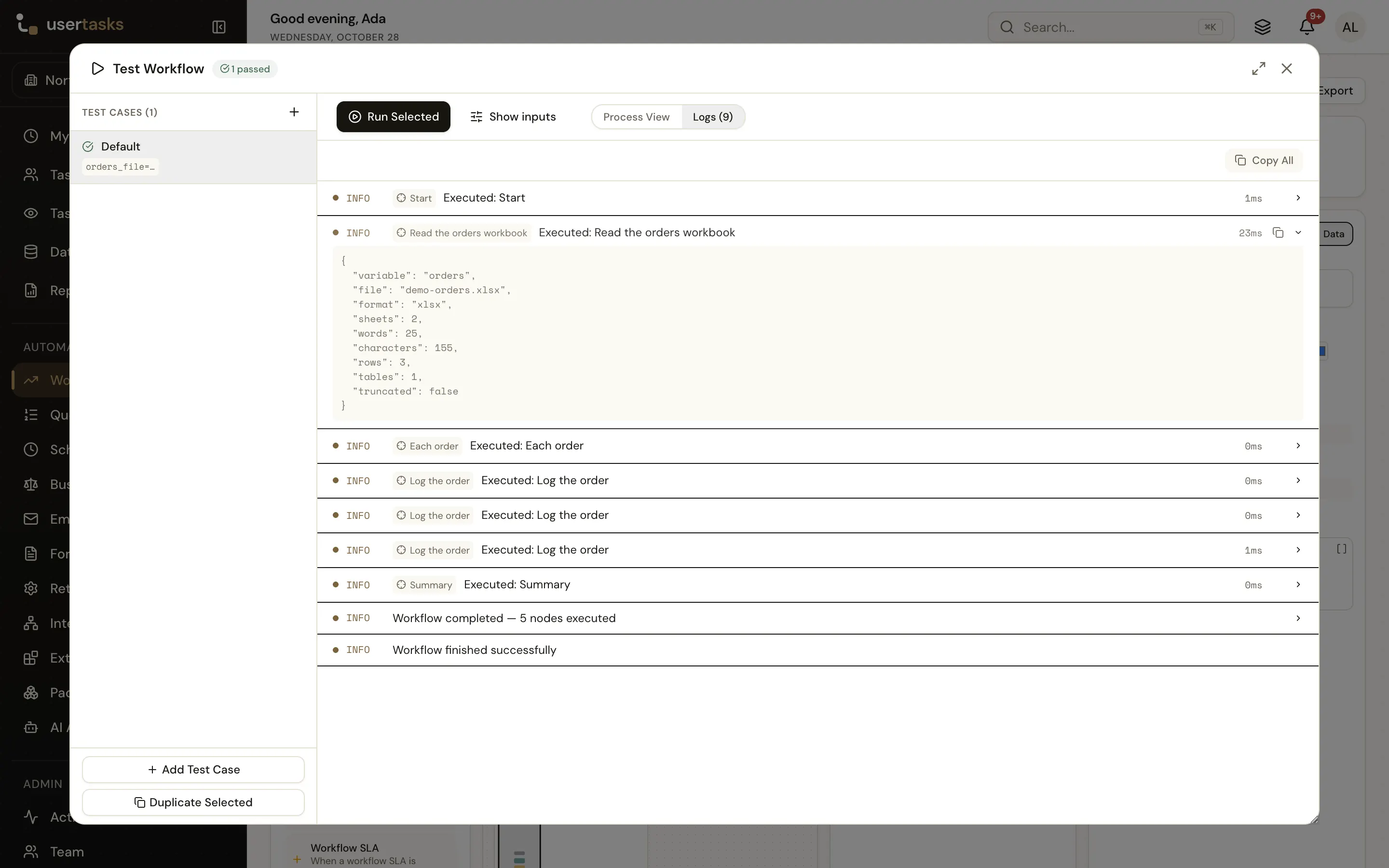 Test run logs: Read Document read 3 rows from 2 sheets of the workbook, then the loop logged each order