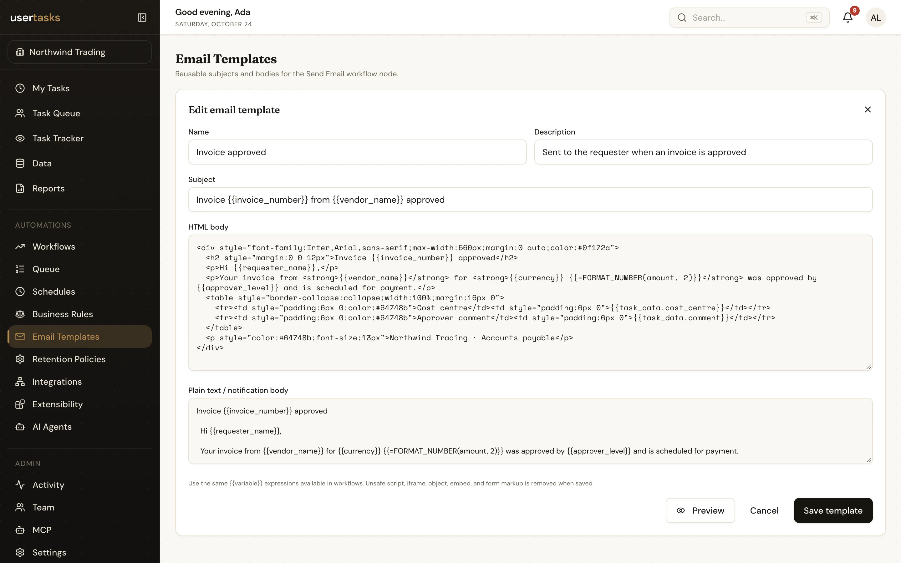 The email template editor with a live preview