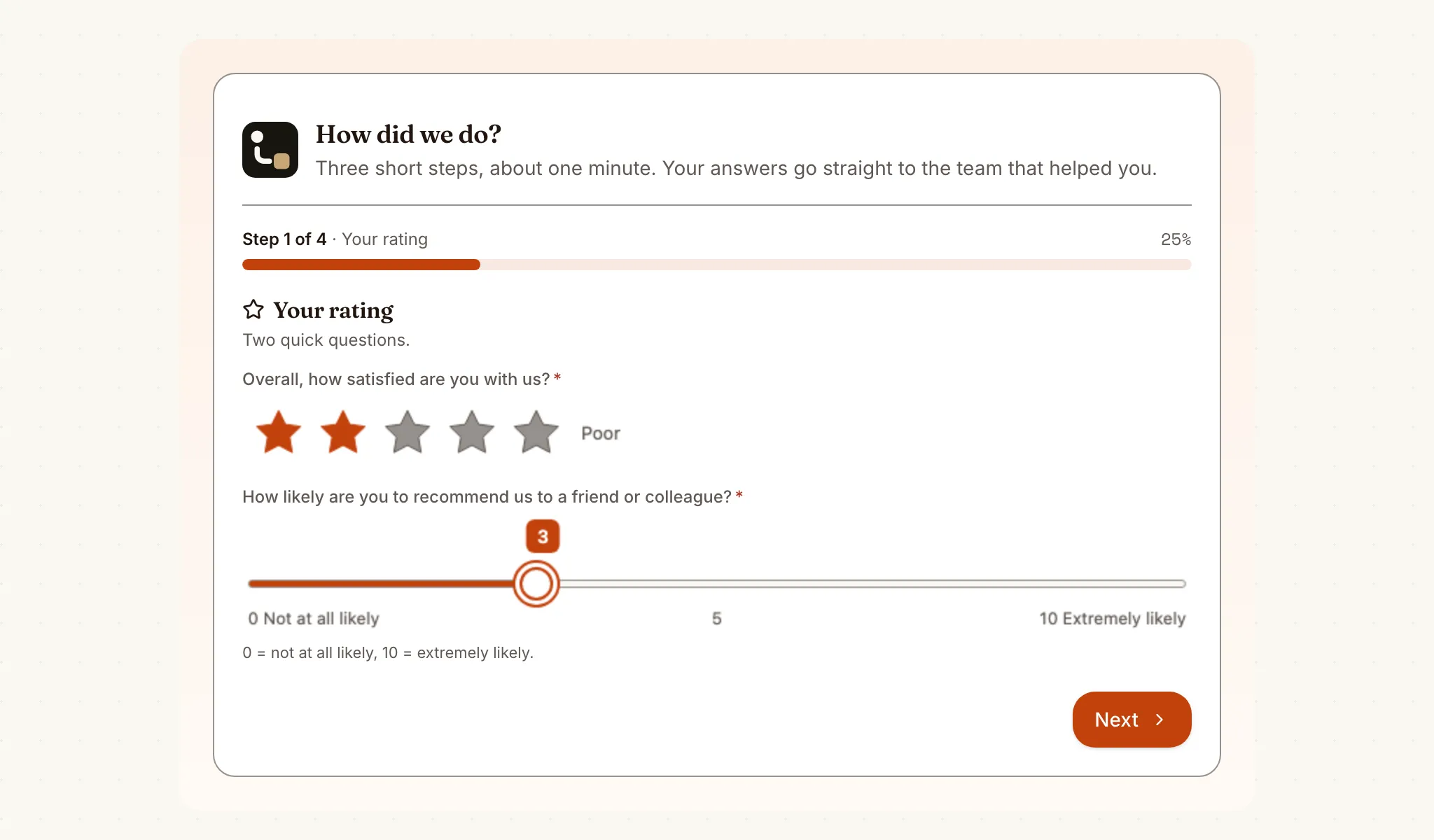 The customer satisfaction survey page: a progress bar, five-star rating and a 0-10 slider for how likely the customer is to recommend the company