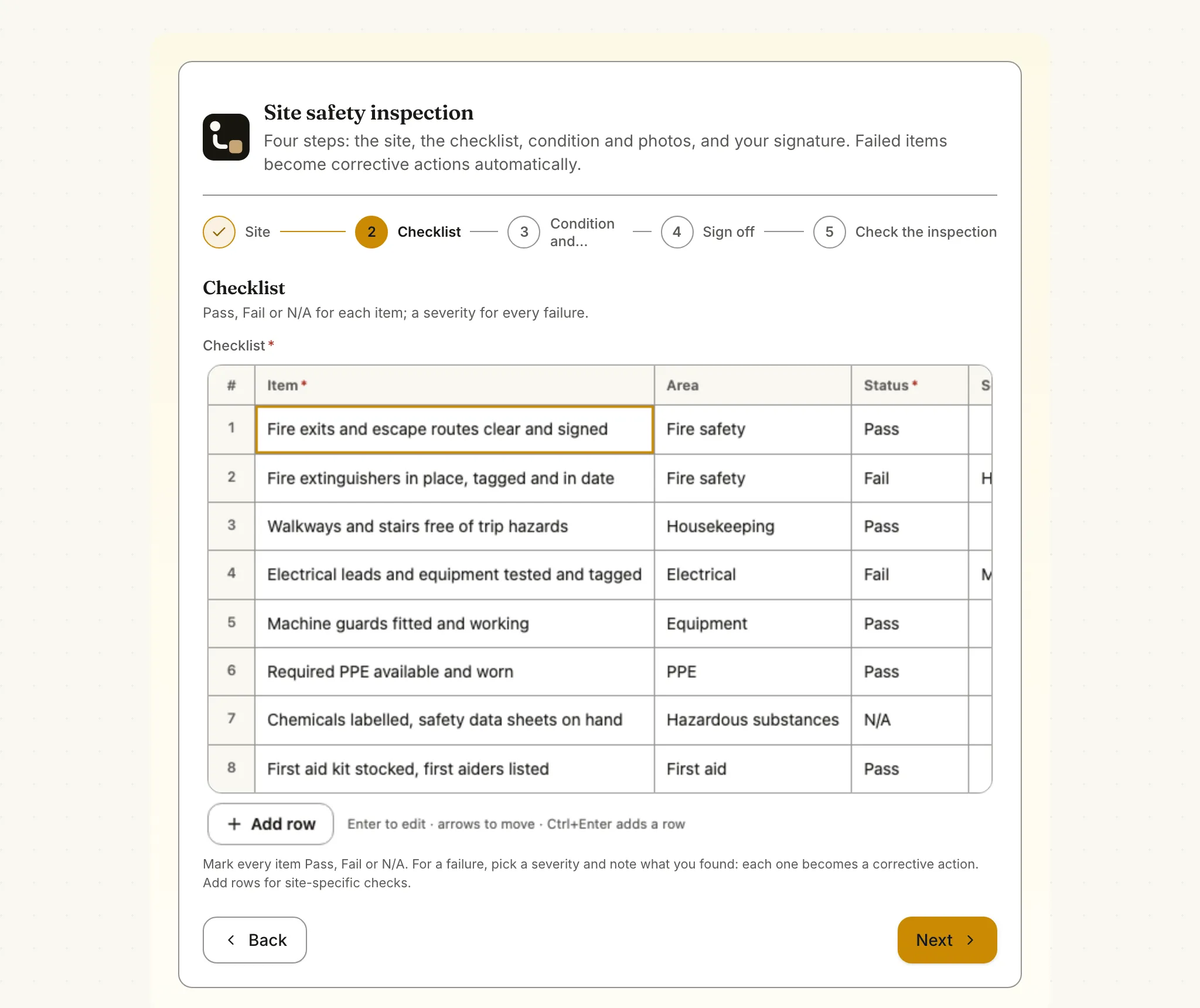 The checklist step of the site safety inspection form: an editable table of eight checks with their area and Pass, Fail or N/A status