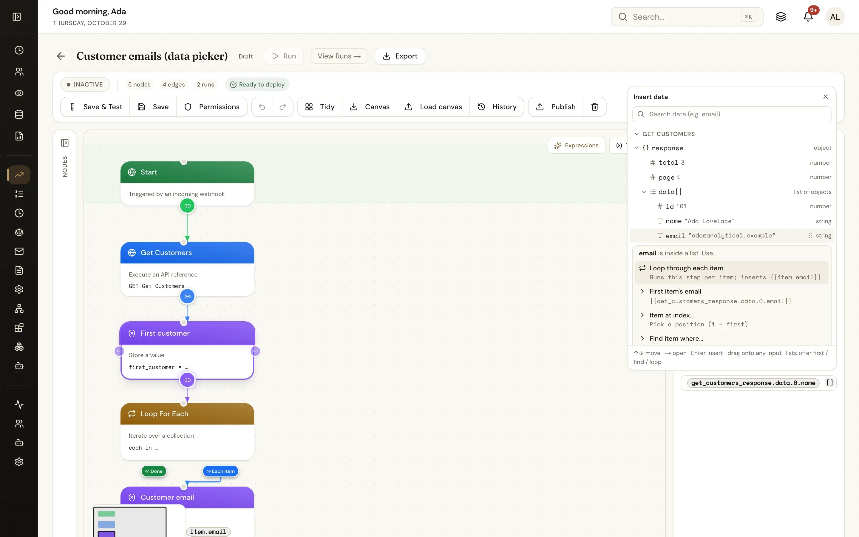 The Insert data picker on a workflow step listing the Get Customers response — total, page and a data list with id, name and email — and the choices for a field inside a list: loop through each item, the first item, an item at an index or one found by a condition
