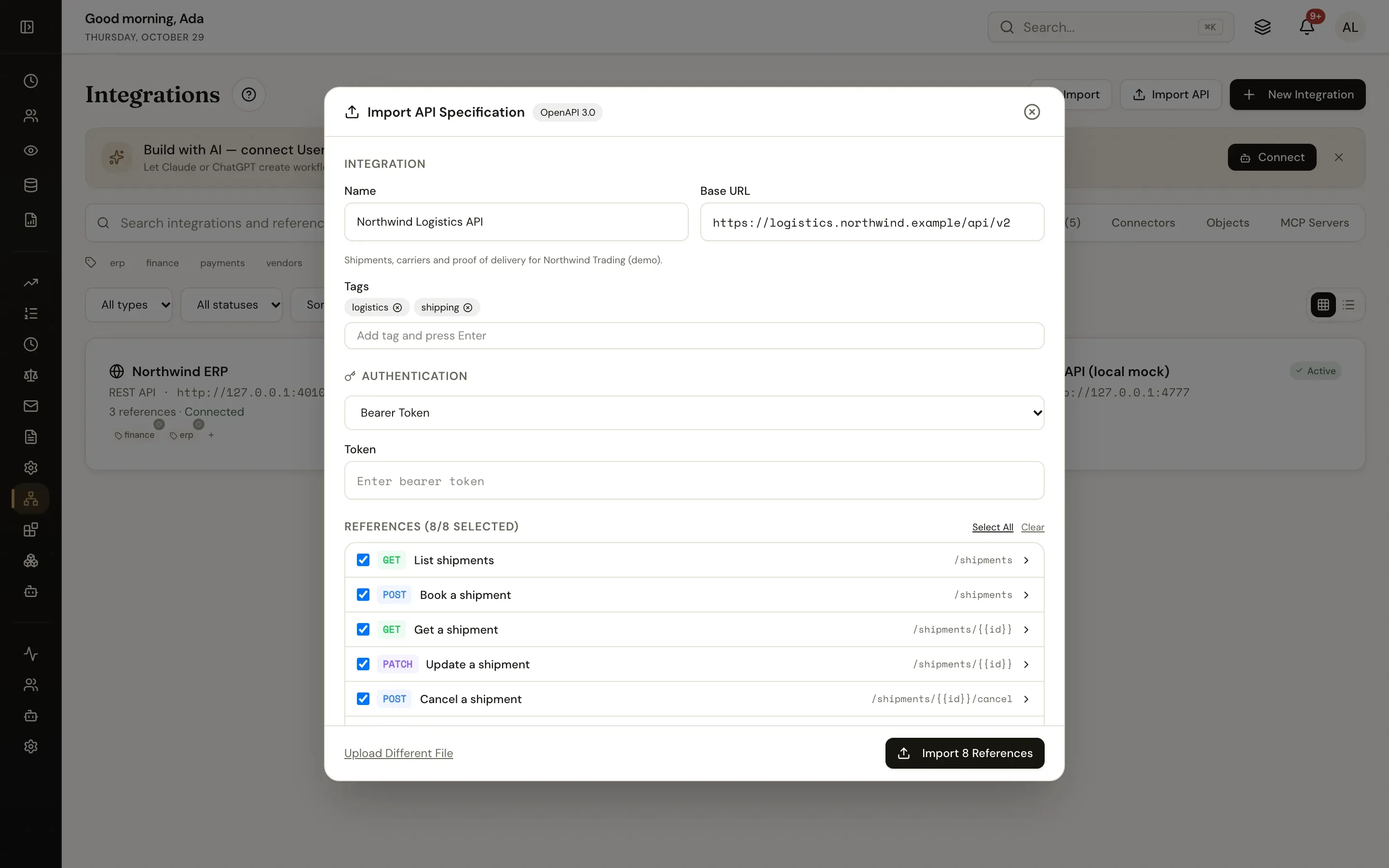 Import API Specification: an OpenAPI 3.0 document for a demo logistics API with its name, base URL, tags and bearer authentication, and eight operations selected to become references