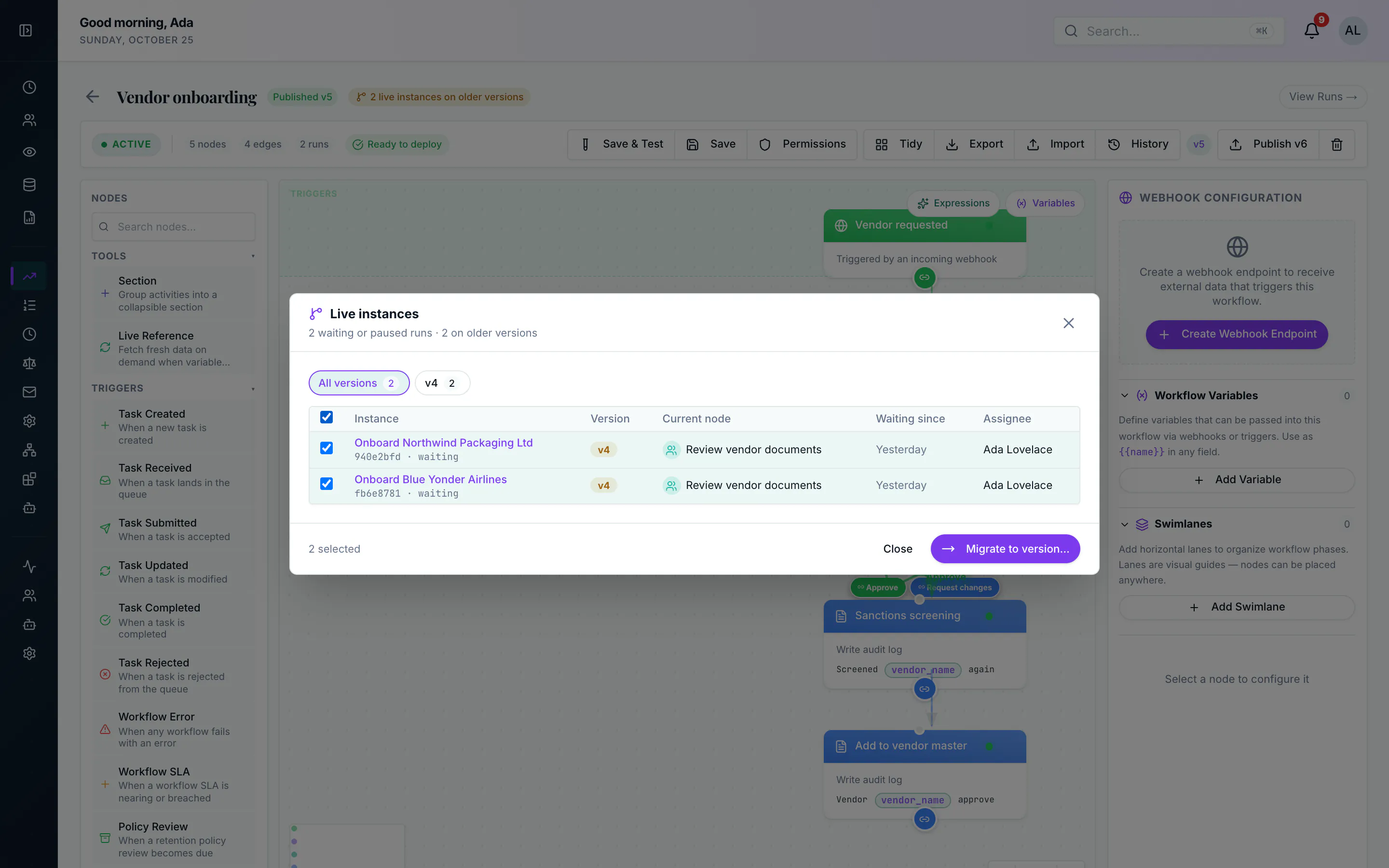 Live instances panel listing waiting runs with their version, current node, waiting time and assignee