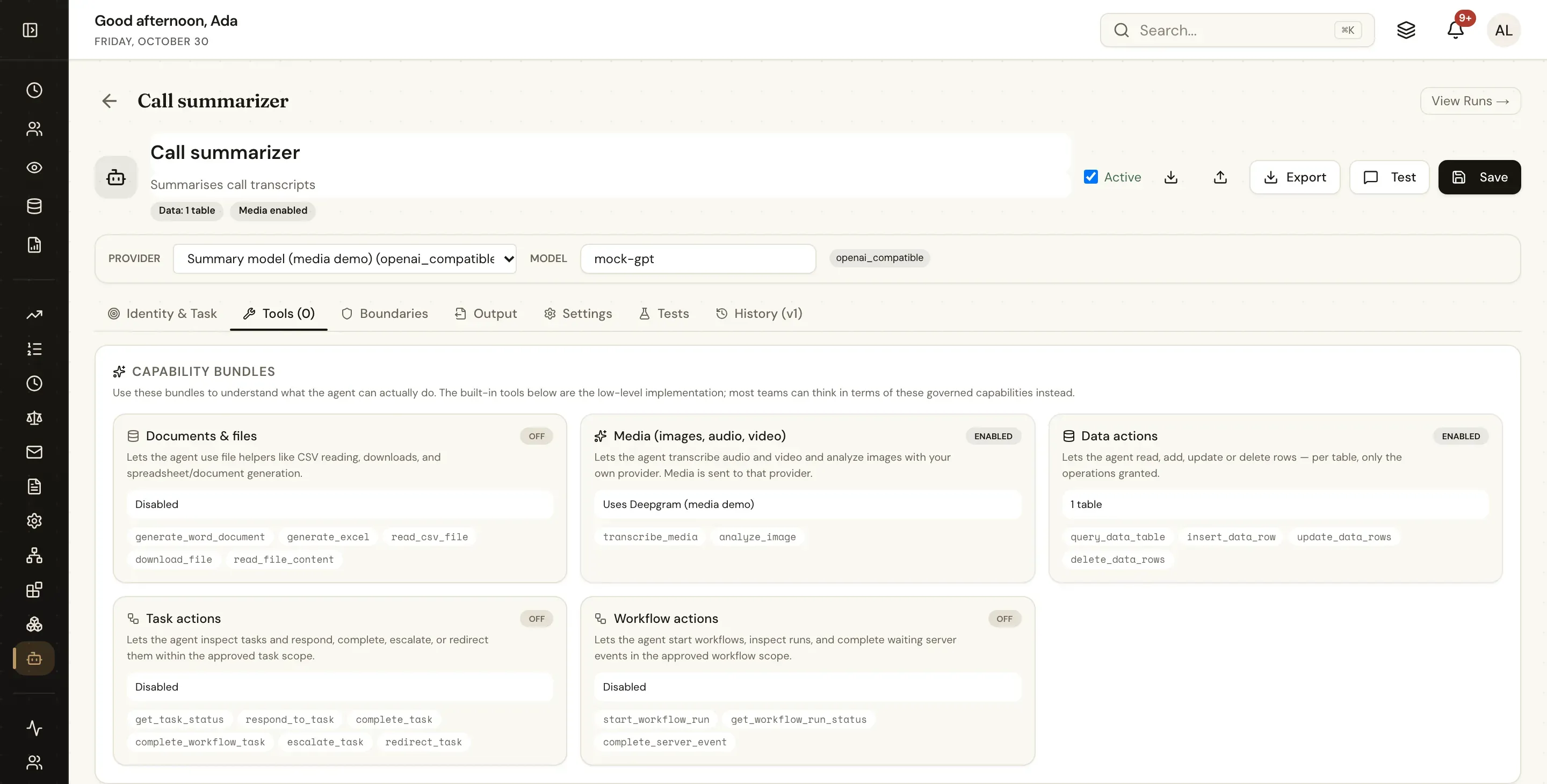 The agent designer's Tools tab: the Media (images, audio, video) bundle is enabled with a Deepgram connection and lists transcribe_media and analyze_image