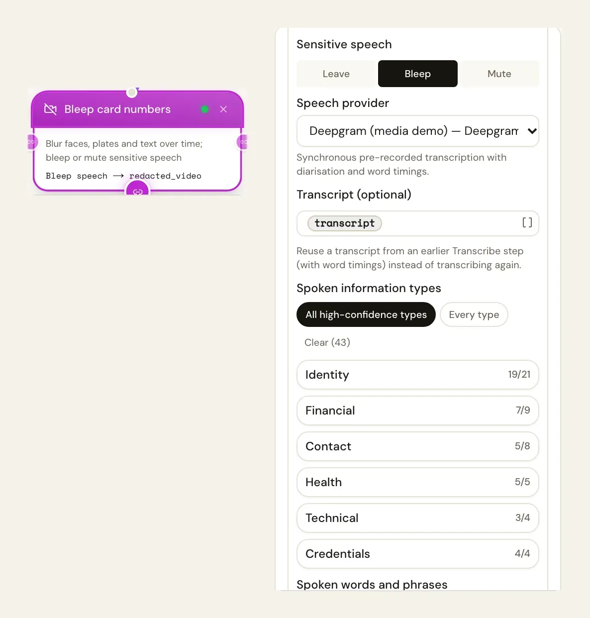 Redact Video settings: Sensitive speech set to Bleep, Deepgram as the speech provider, the transcript from an earlier step reused, and all high-confidence information types