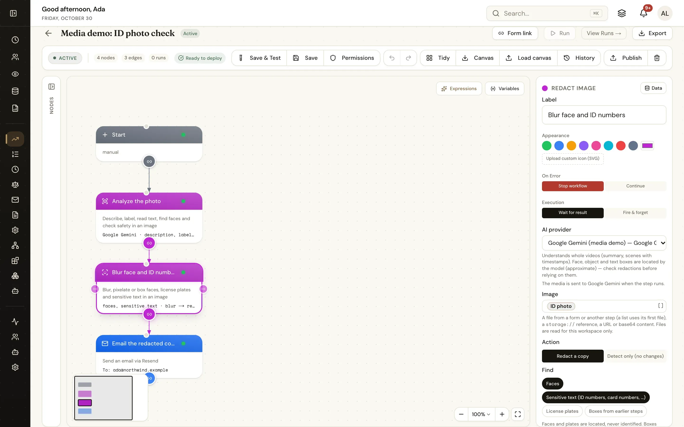 The workflow designer with Analyze Image and Redact Image steps; the Redact Image settings show Google Gemini as the AI provider and Faces and Sensitive text selected