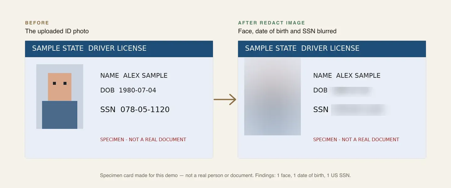 A specimen driver license before and after Redact Image: the face, date of birth and SSN are blurred; the name and the specimen notice are unchanged