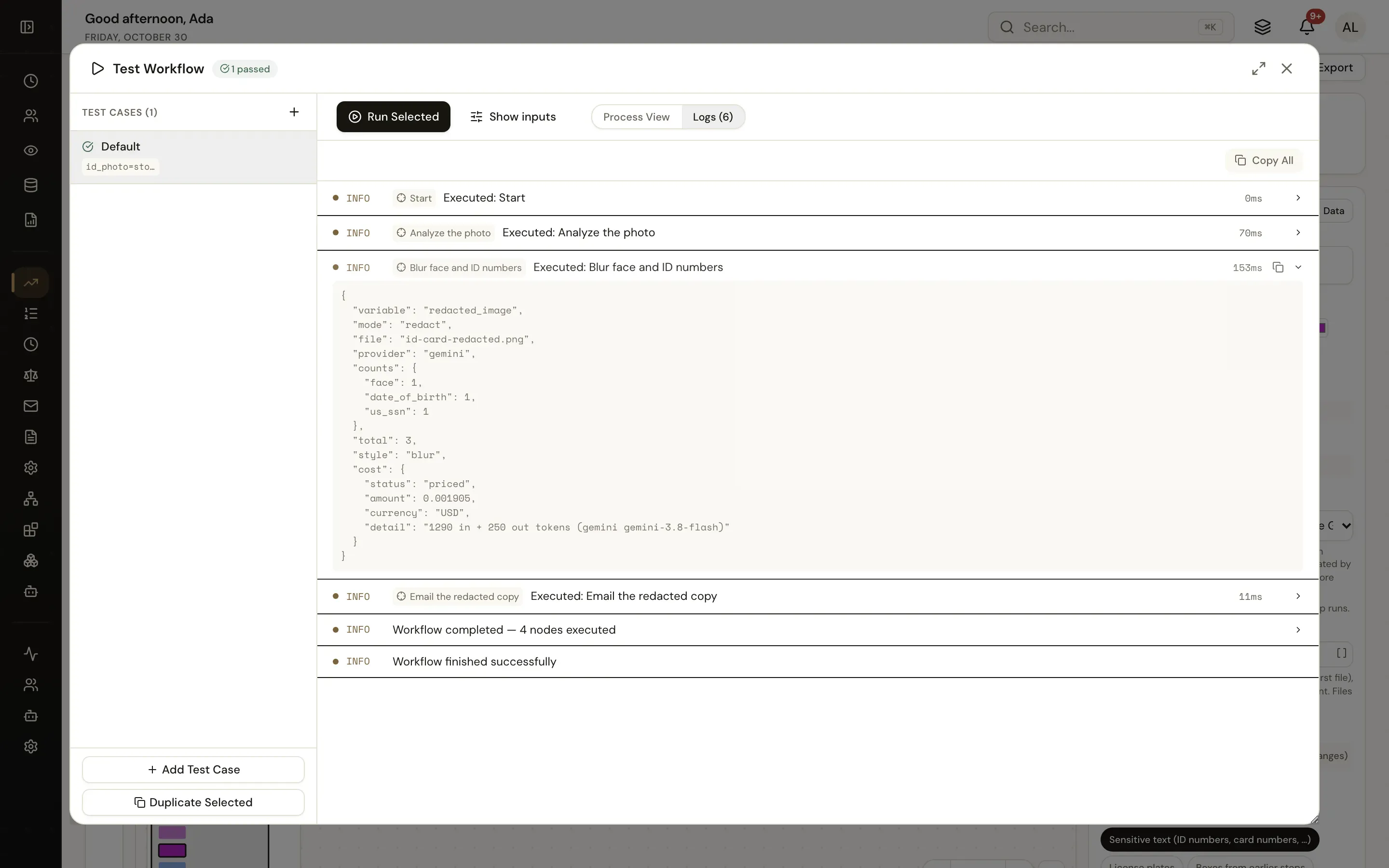 Save & Test logs with the Redact Image step expanded: counts of one face, one date of birth and one US SSN, style blur and an estimated cost in USD