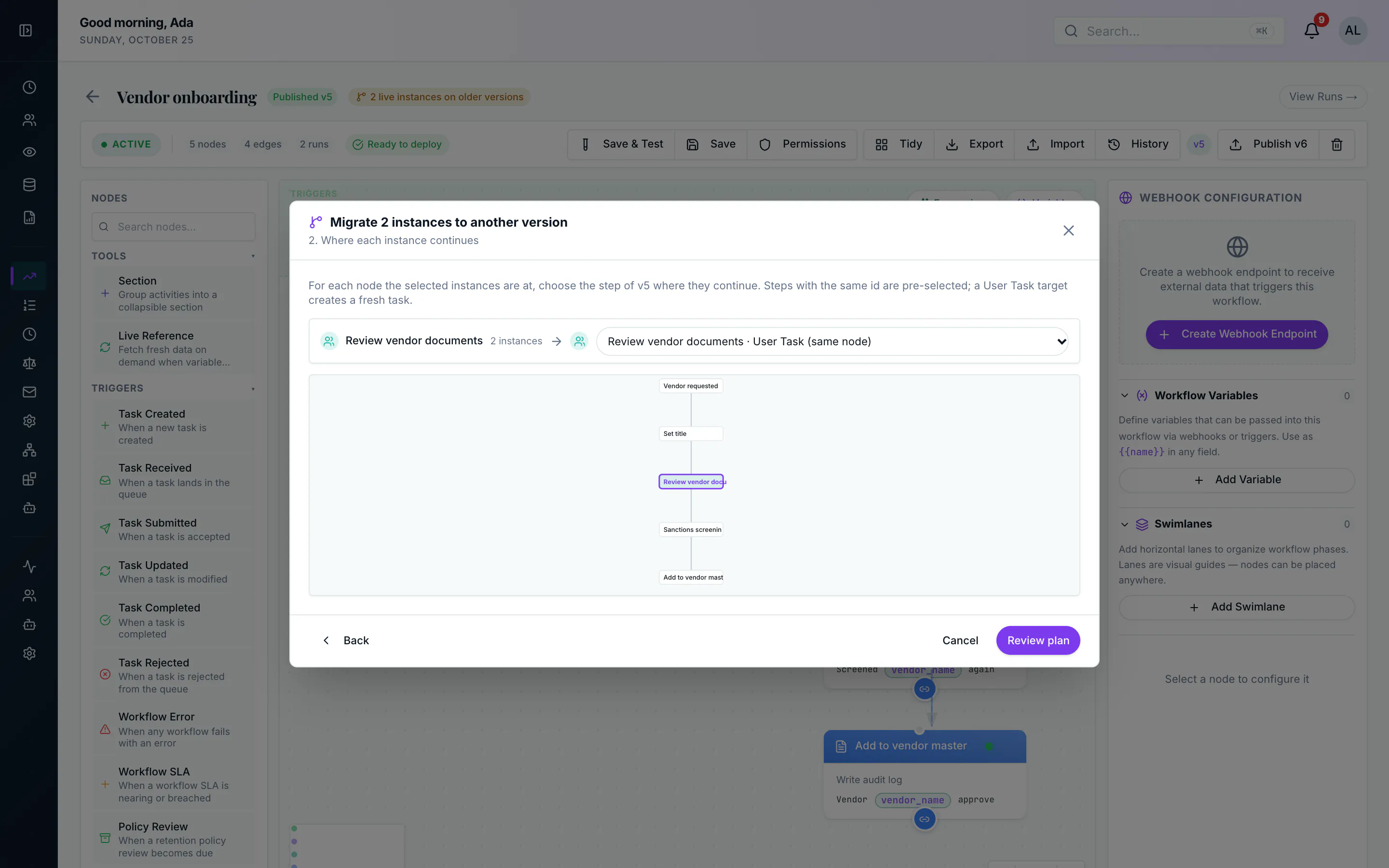 Migration wizard mapping the current node to a node of the target version, with a graph preview