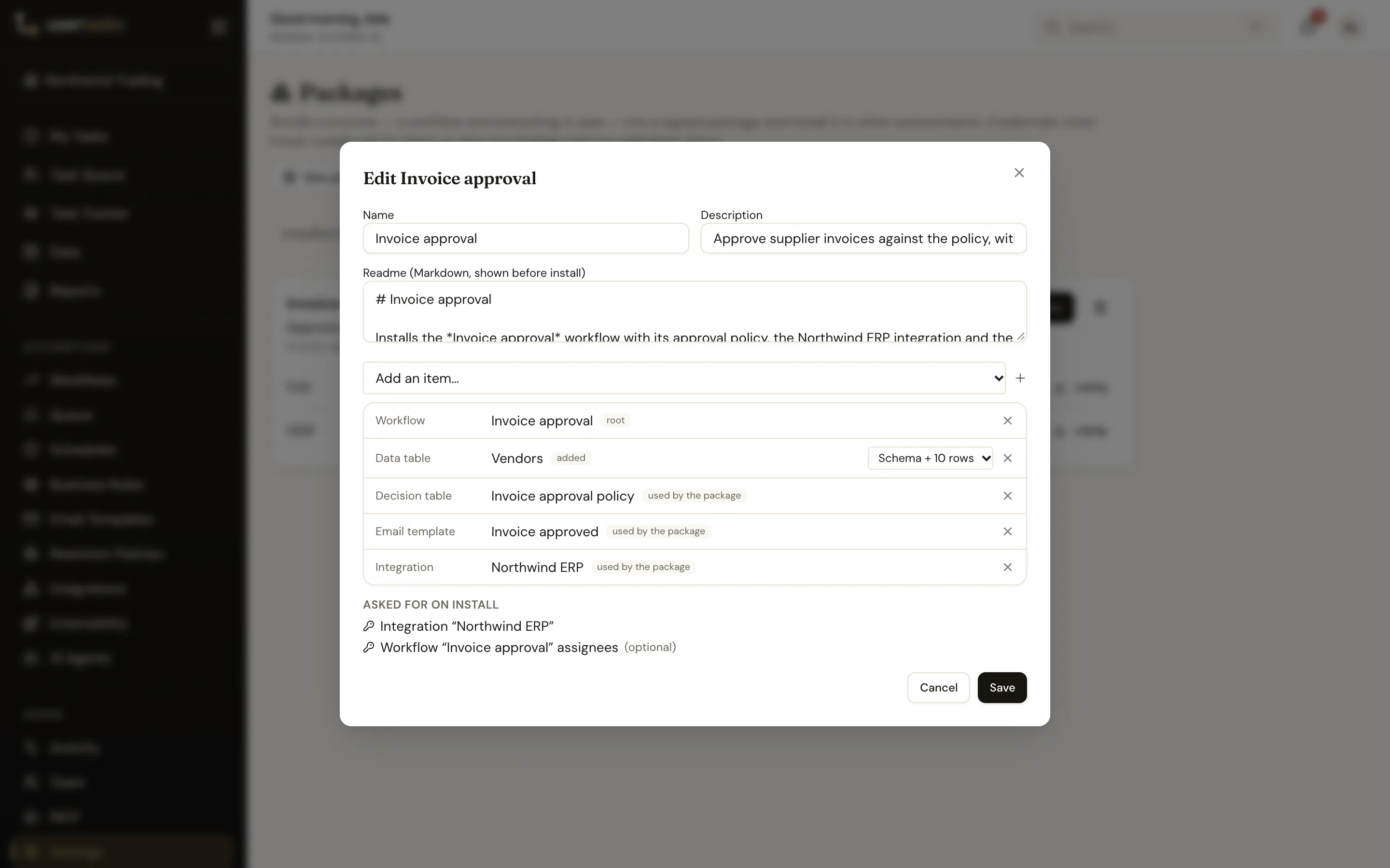 The package editor: contents with the reason each item is included, data modes and requirements