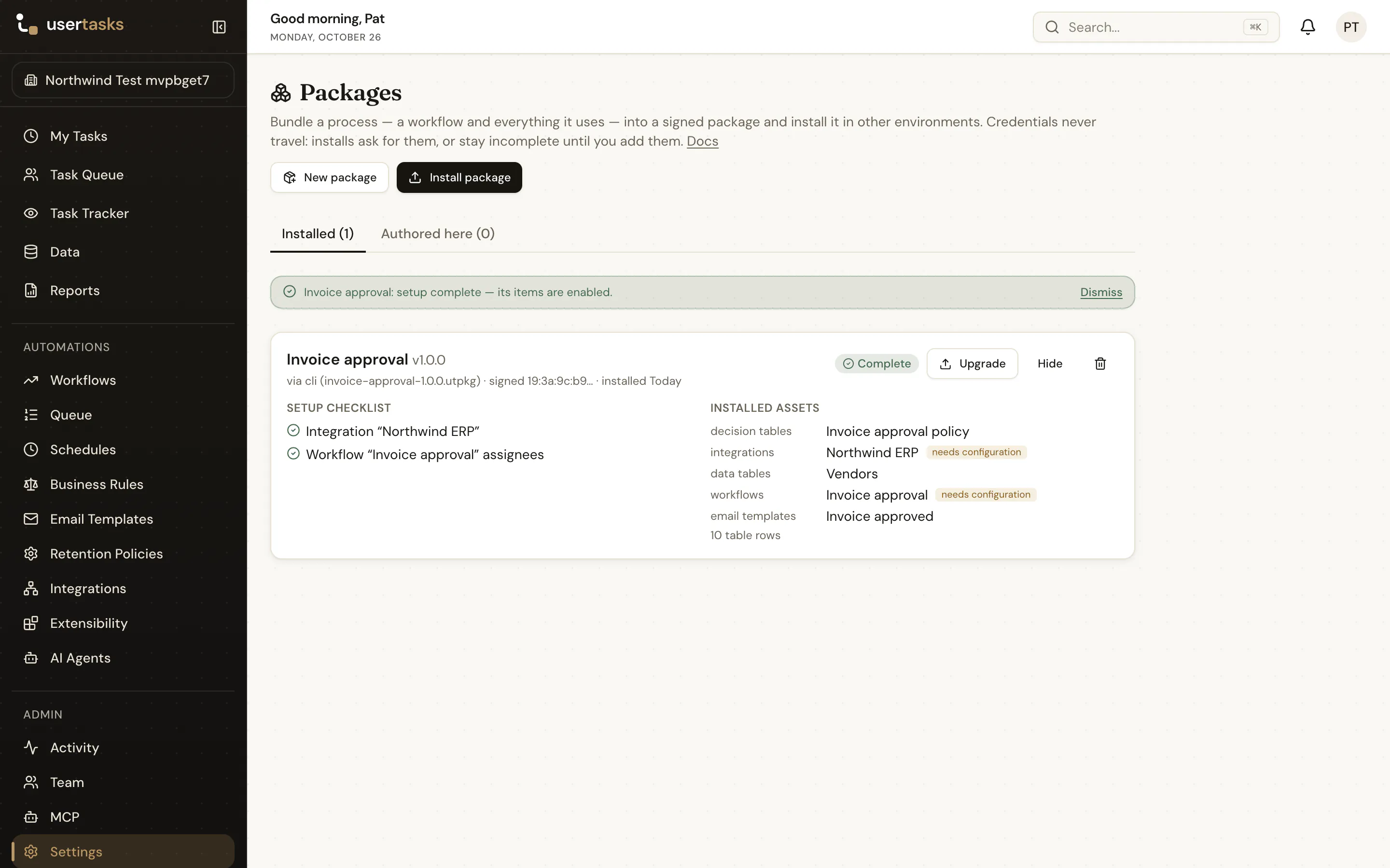 Settings → Packages: an installed package with its setup checklist and installed assets