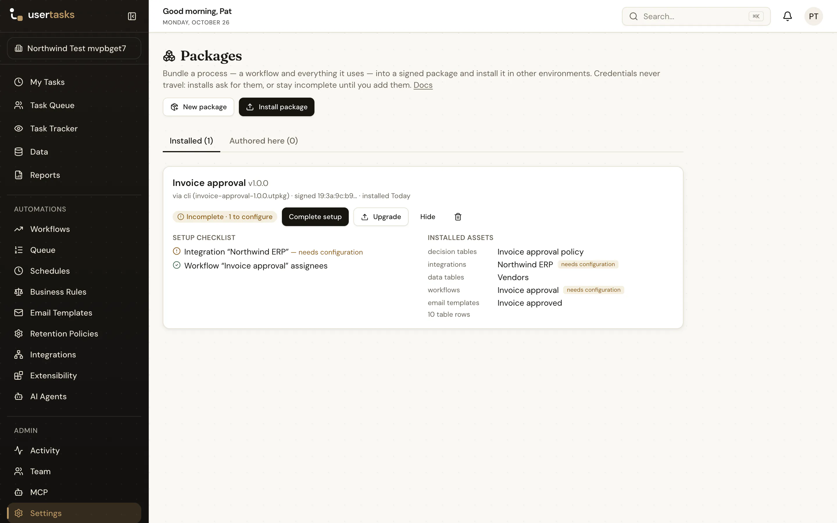 An incomplete install with its checklist