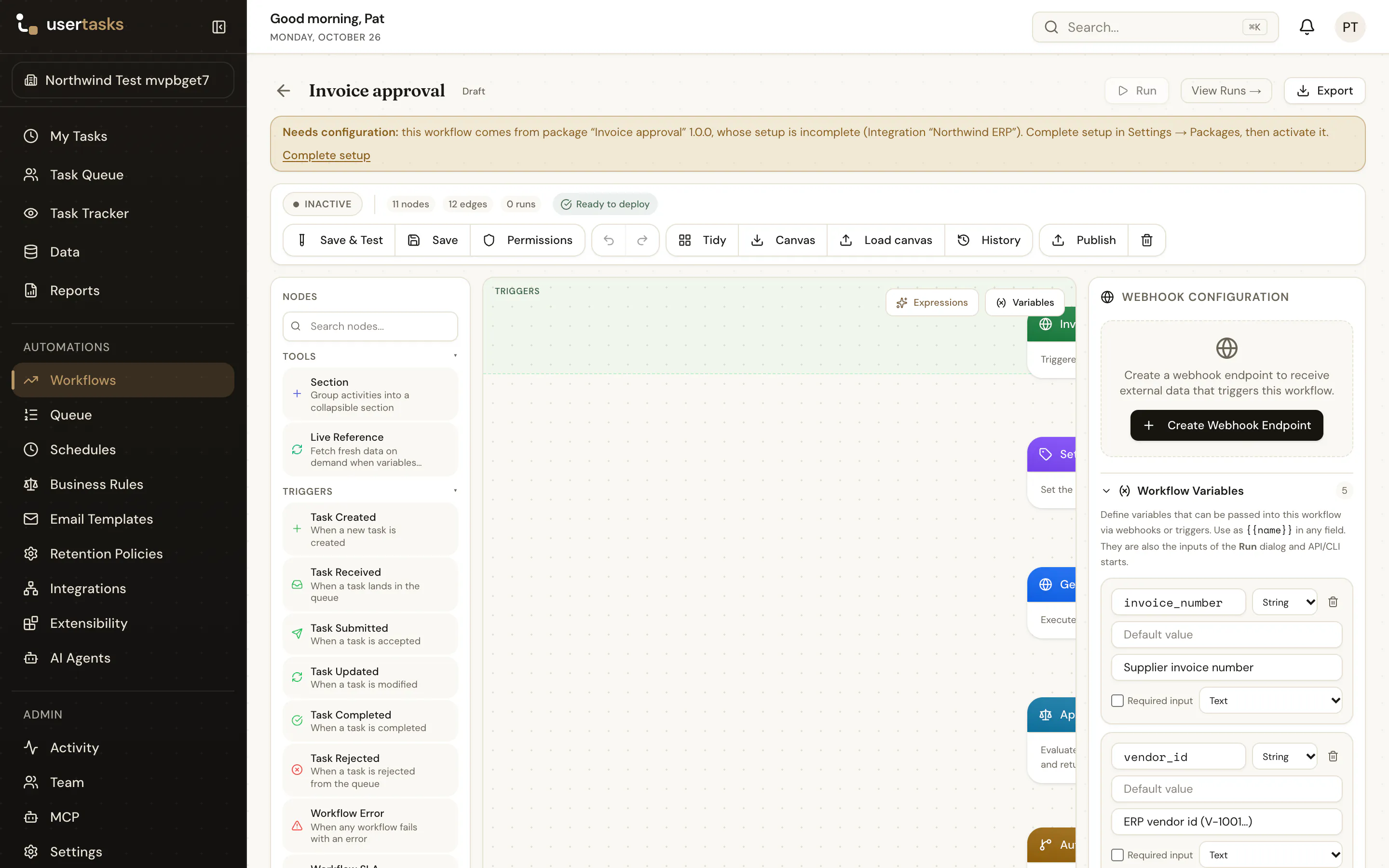 The workflow designer explaining why the workflow cannot be activated
