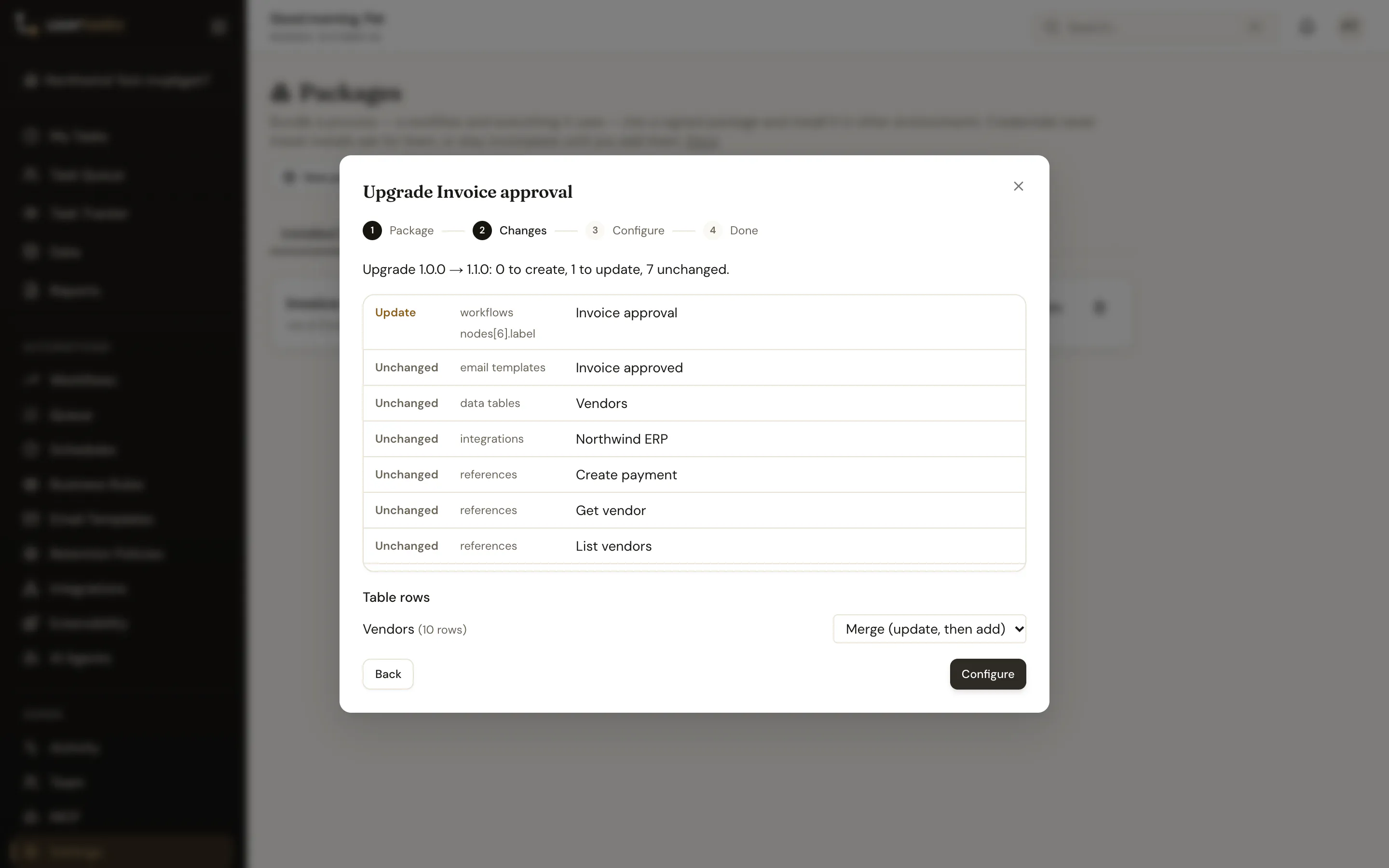 Install wizard, step 2: the plan of an upgrade with one updated workflow