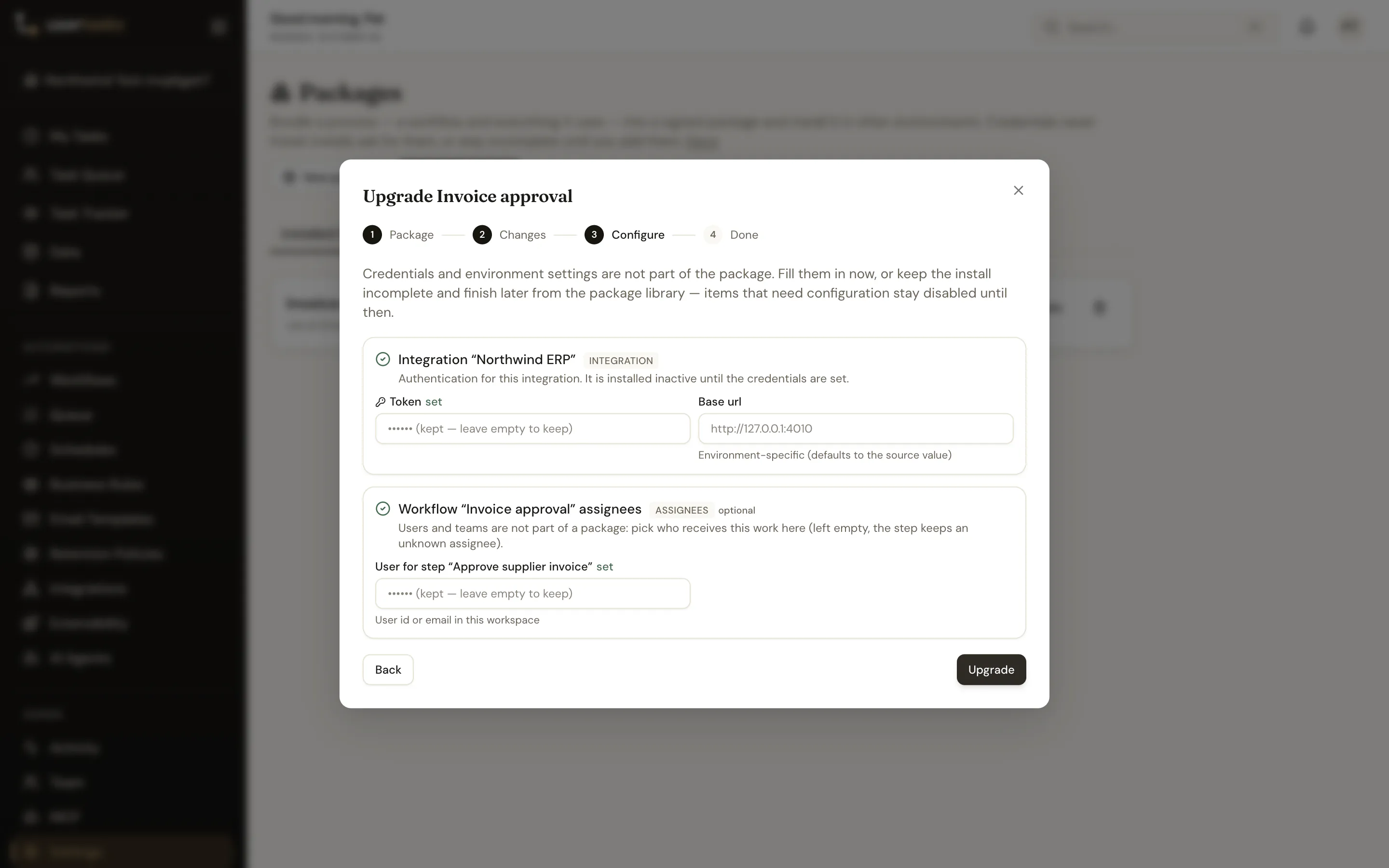 Install wizard, step 3: the requirements form with the stored token kept
