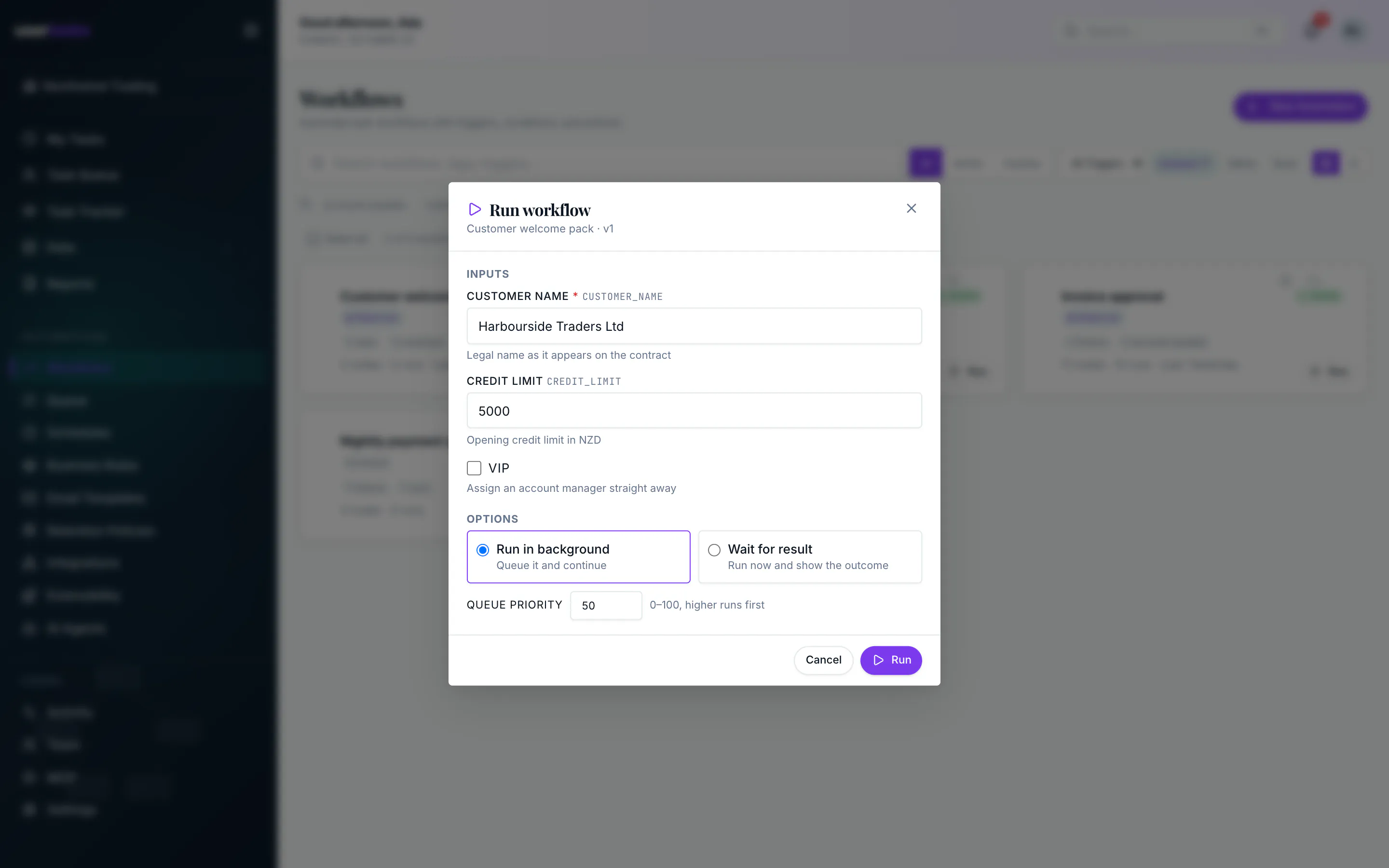 Run workflow dialog with a required text input, a number with a default, a checkbox and the background / wait options