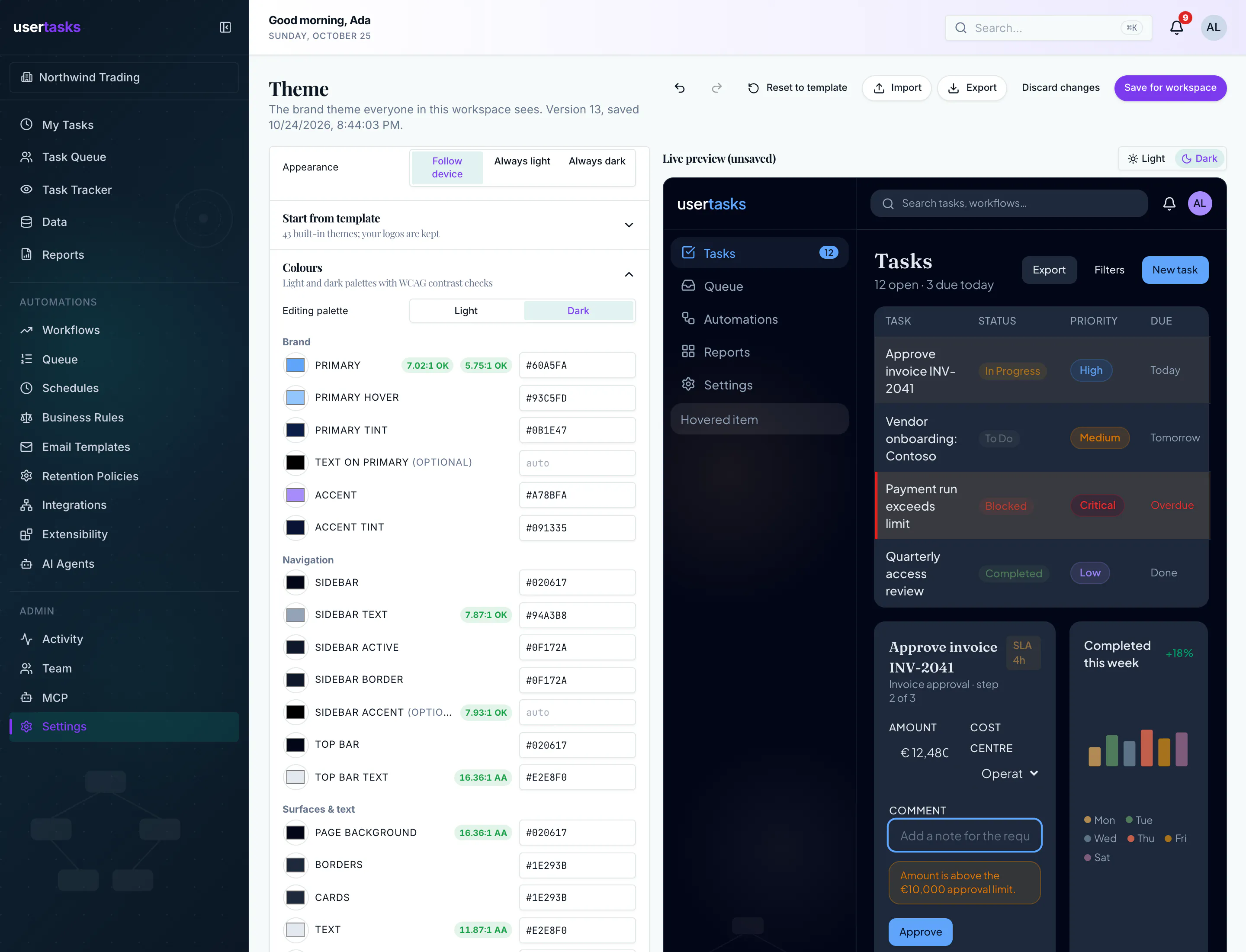 Theme designer previewing the dark palette