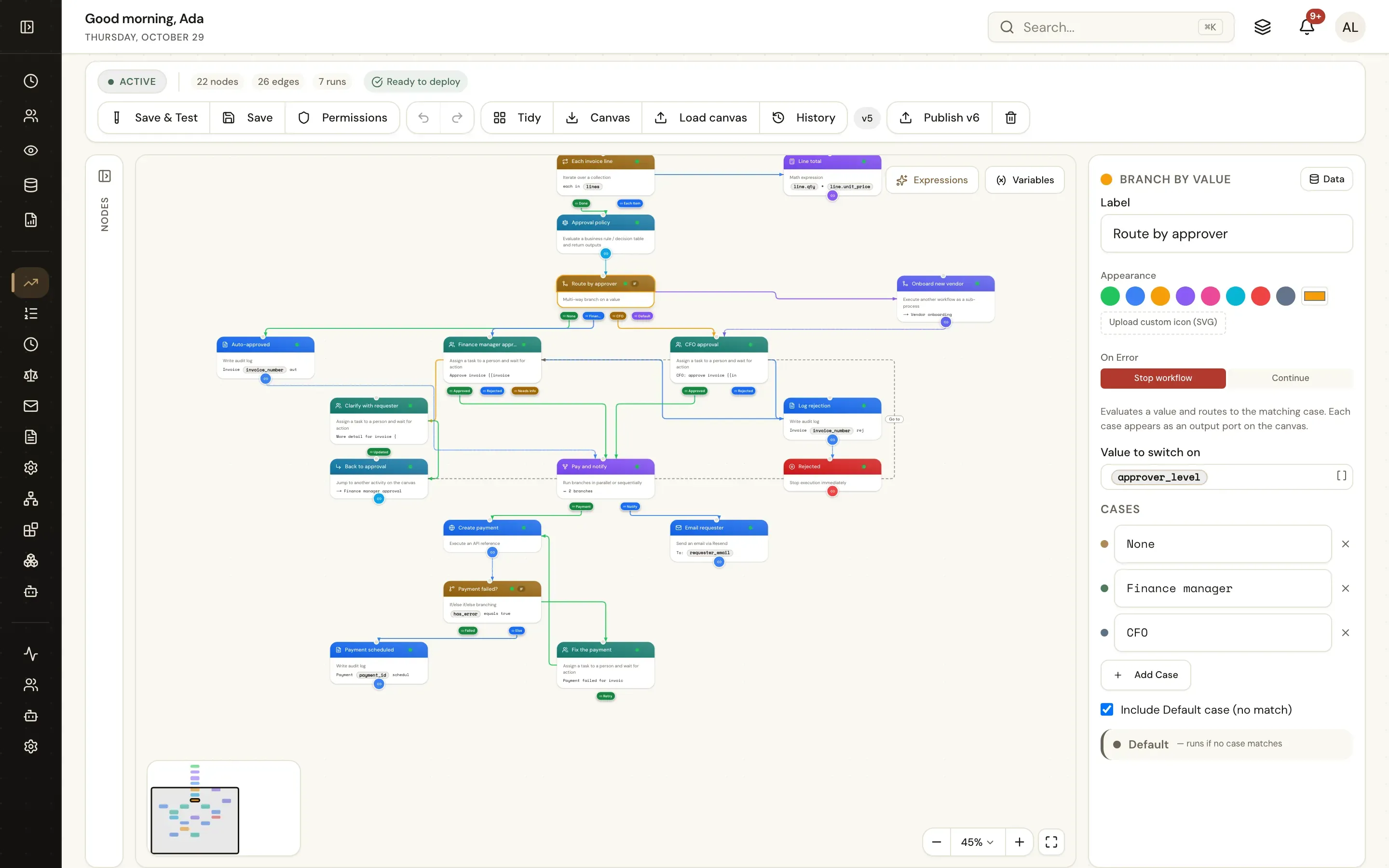 The designer with a supplier invoice workflow: a loop over invoice lines, an approval policy, a four-way branch by approver with finance manager and CFO tasks, a rework loop, vendor onboarding as a sub-workflow, payment and notification in parallel, and a payment error path; the Branch by Value settings are open